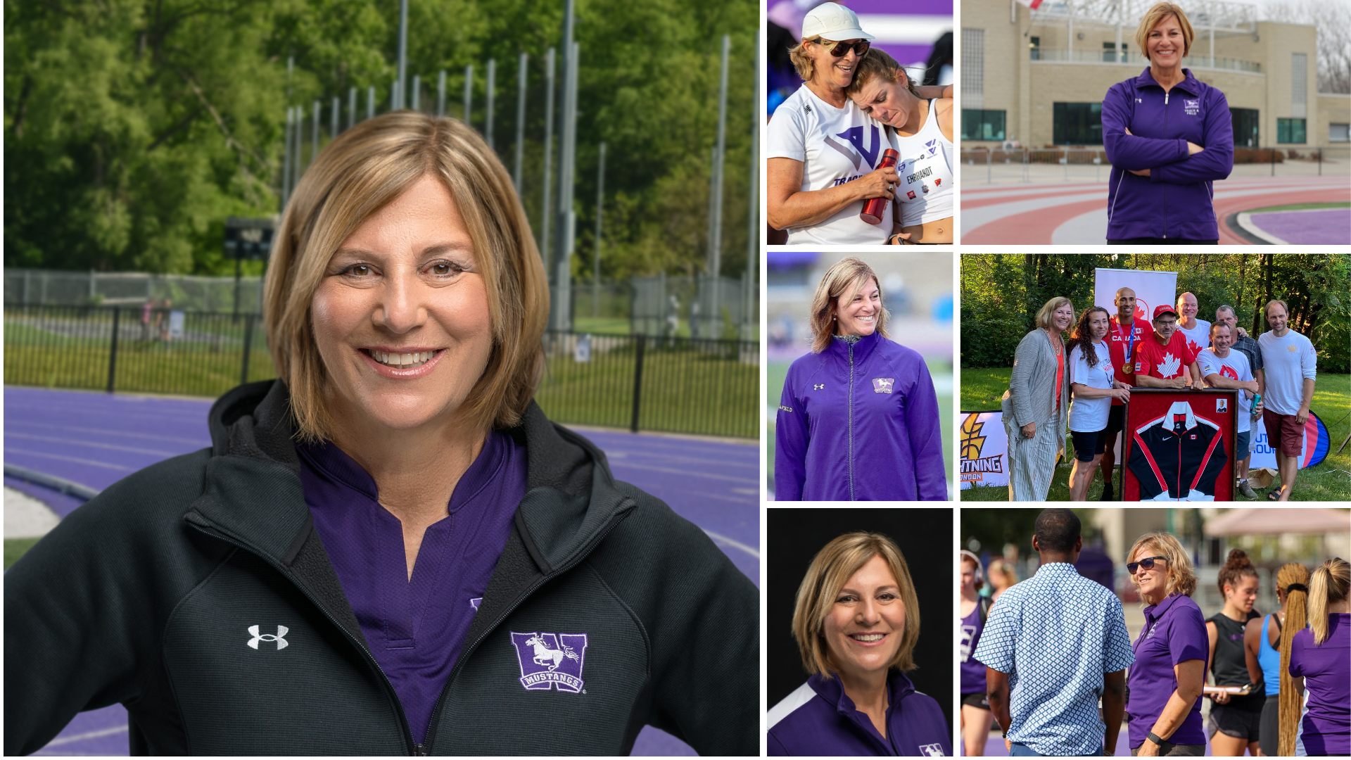 Vickie Croley Collage: Head shots of Vickie Croley wearing Mustangs gear. Photos of her with the team; Photo of her outside posing with Damian's Warner's team.