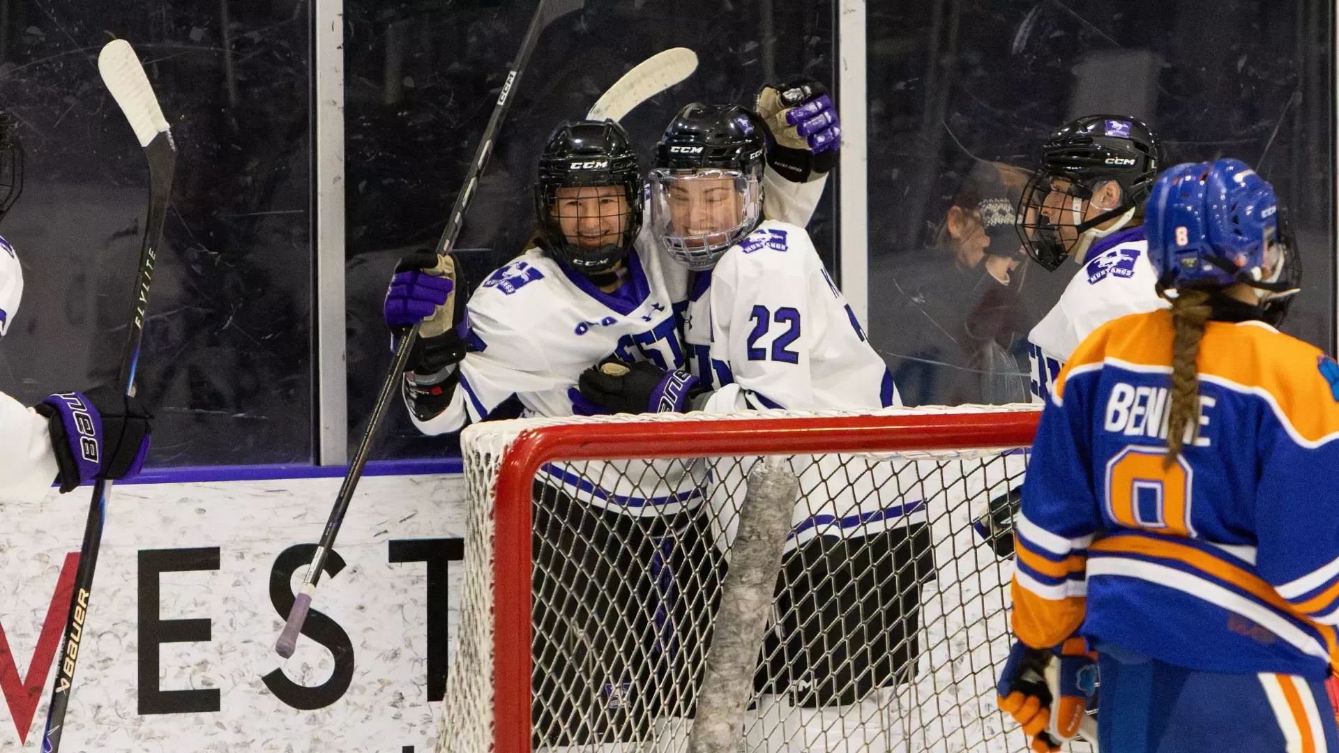 Alyssa Wouda celebrates a goal against Ontario Tech