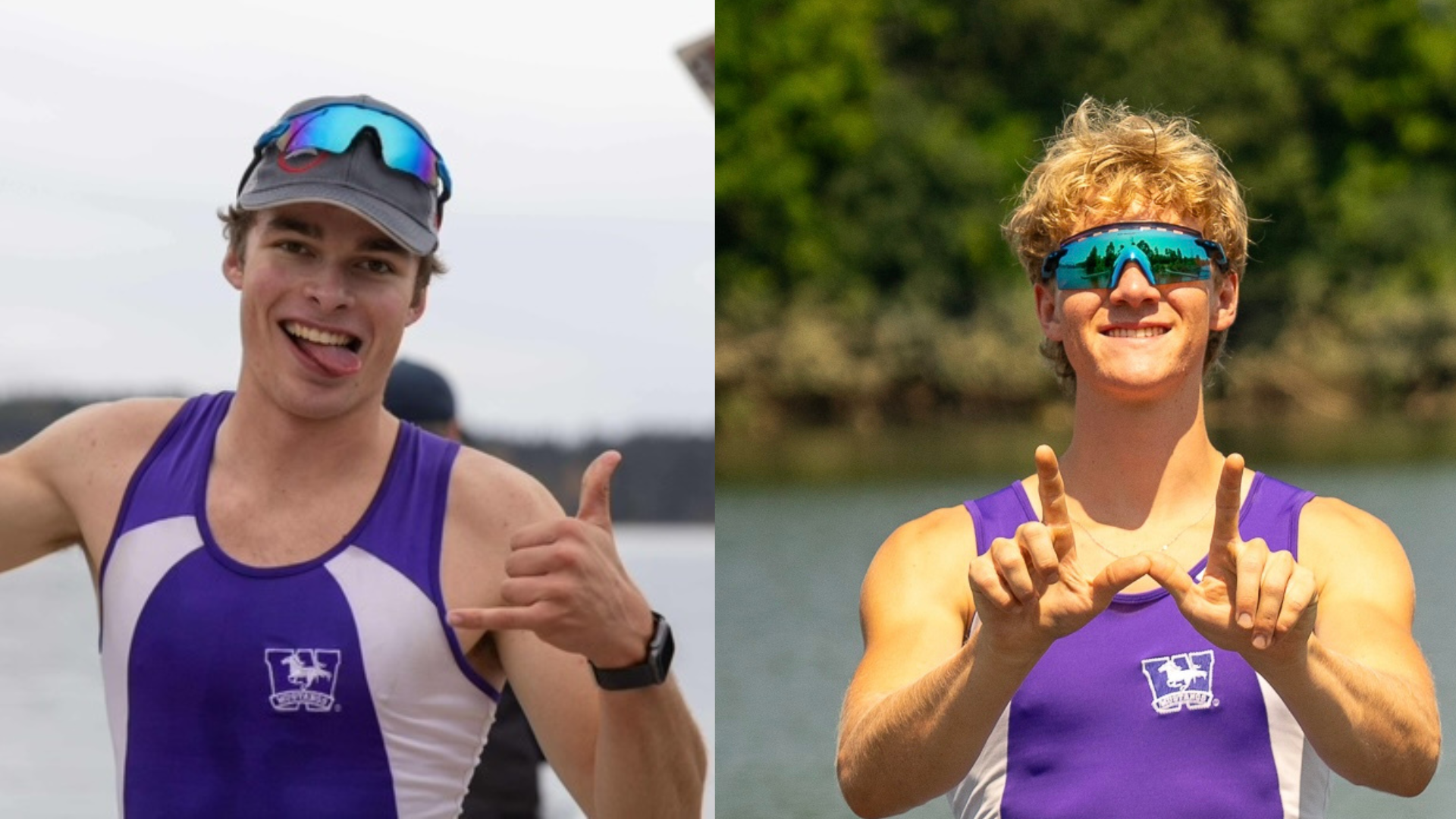 Men's Rowers: posing with Western W and thumbs up gestures. In uniform.