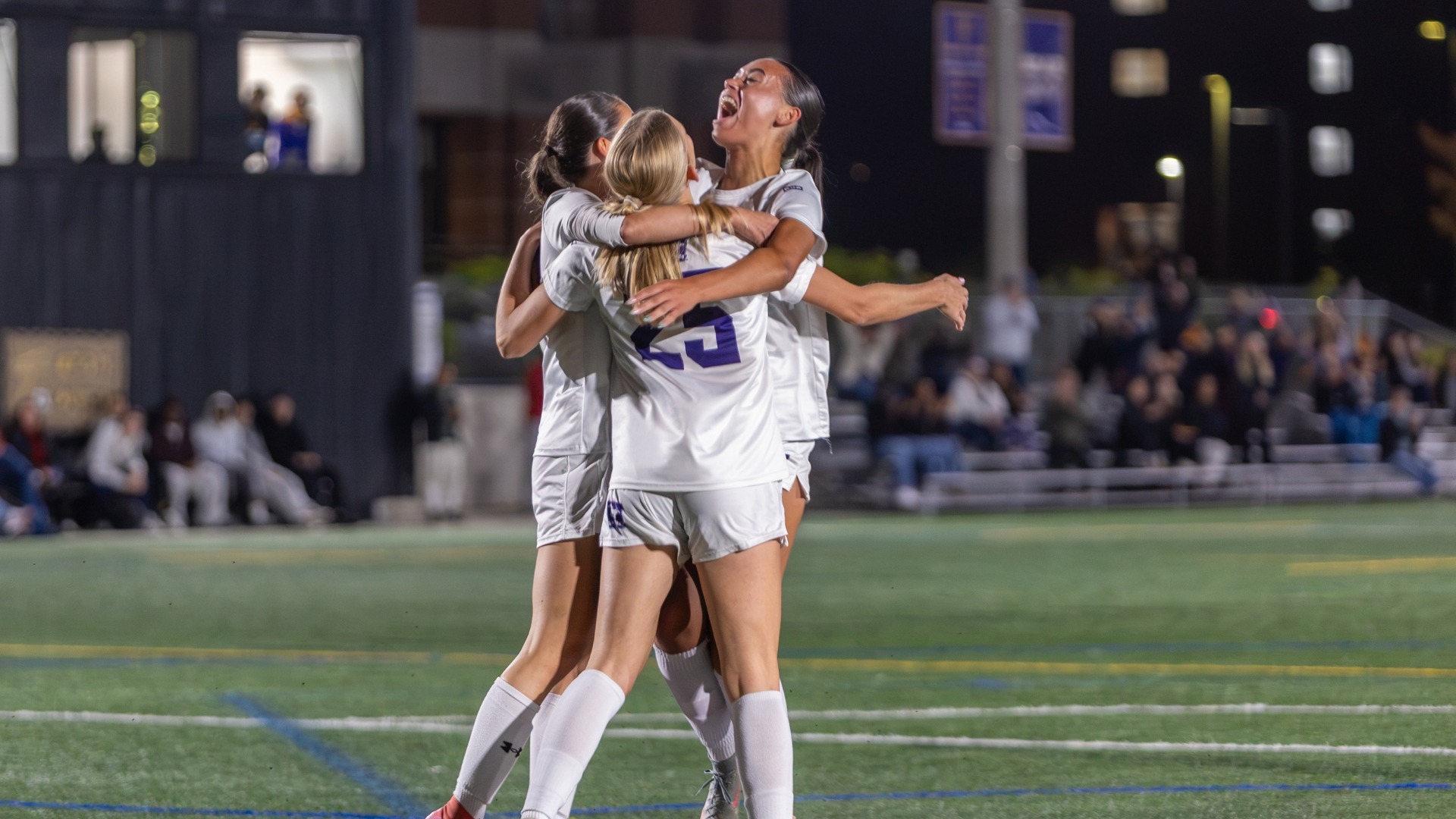 Mustangs celebrate a goal against Laurier in OUA Playoffs