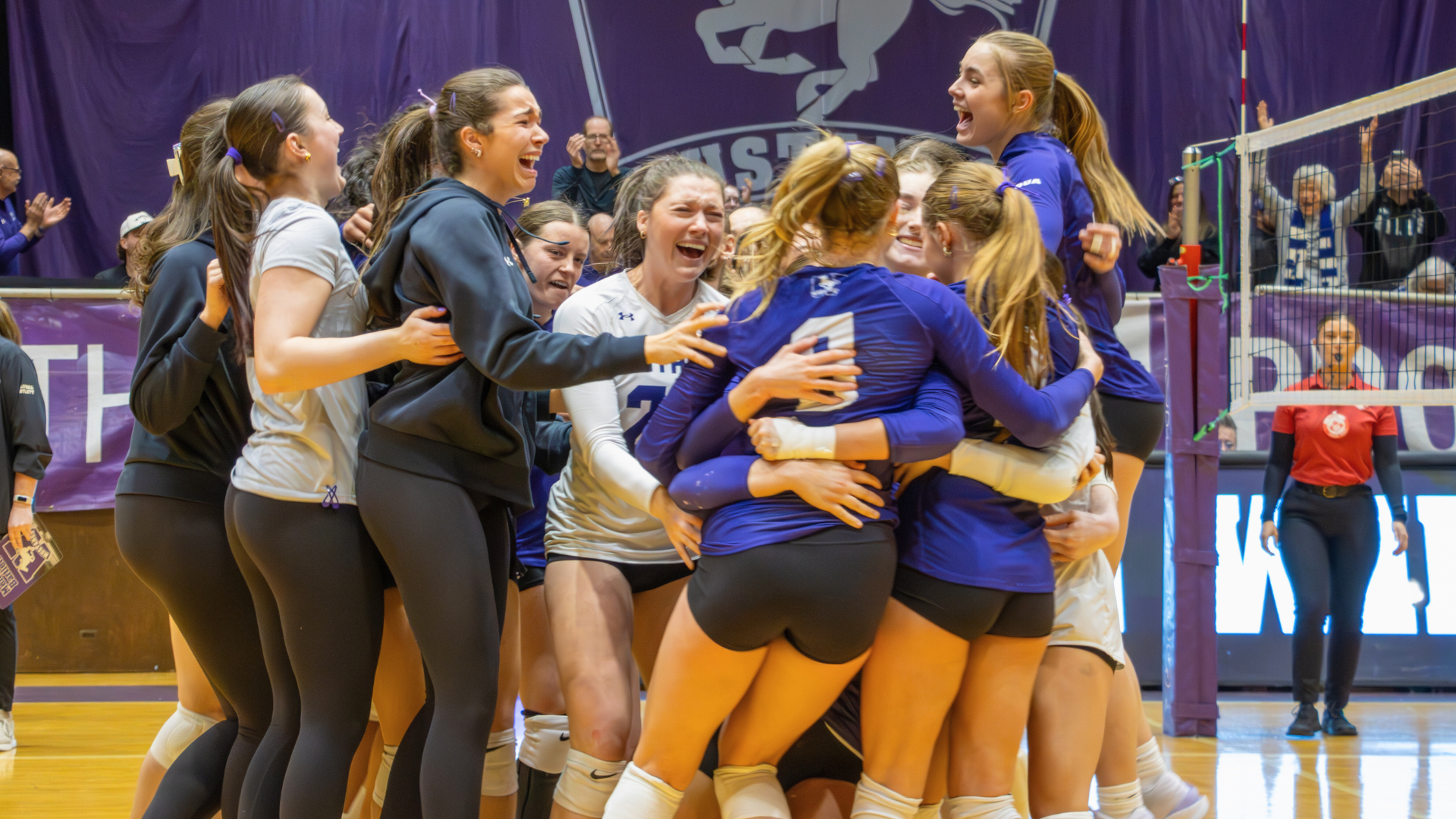 Mustangs Women's Volleyball celebrate win over Toronto
