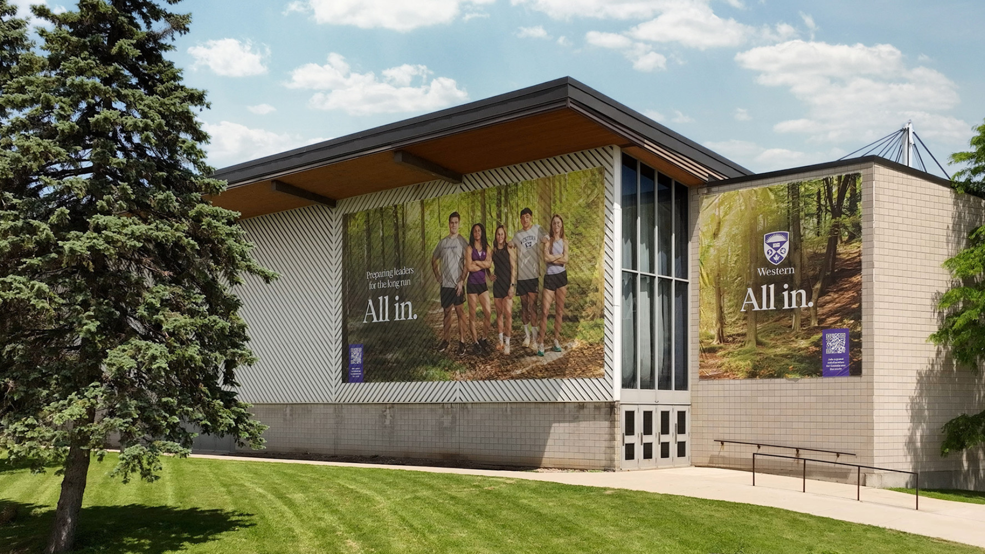 Photo of outside of Thompson Arena with the All In Campaign Banners up