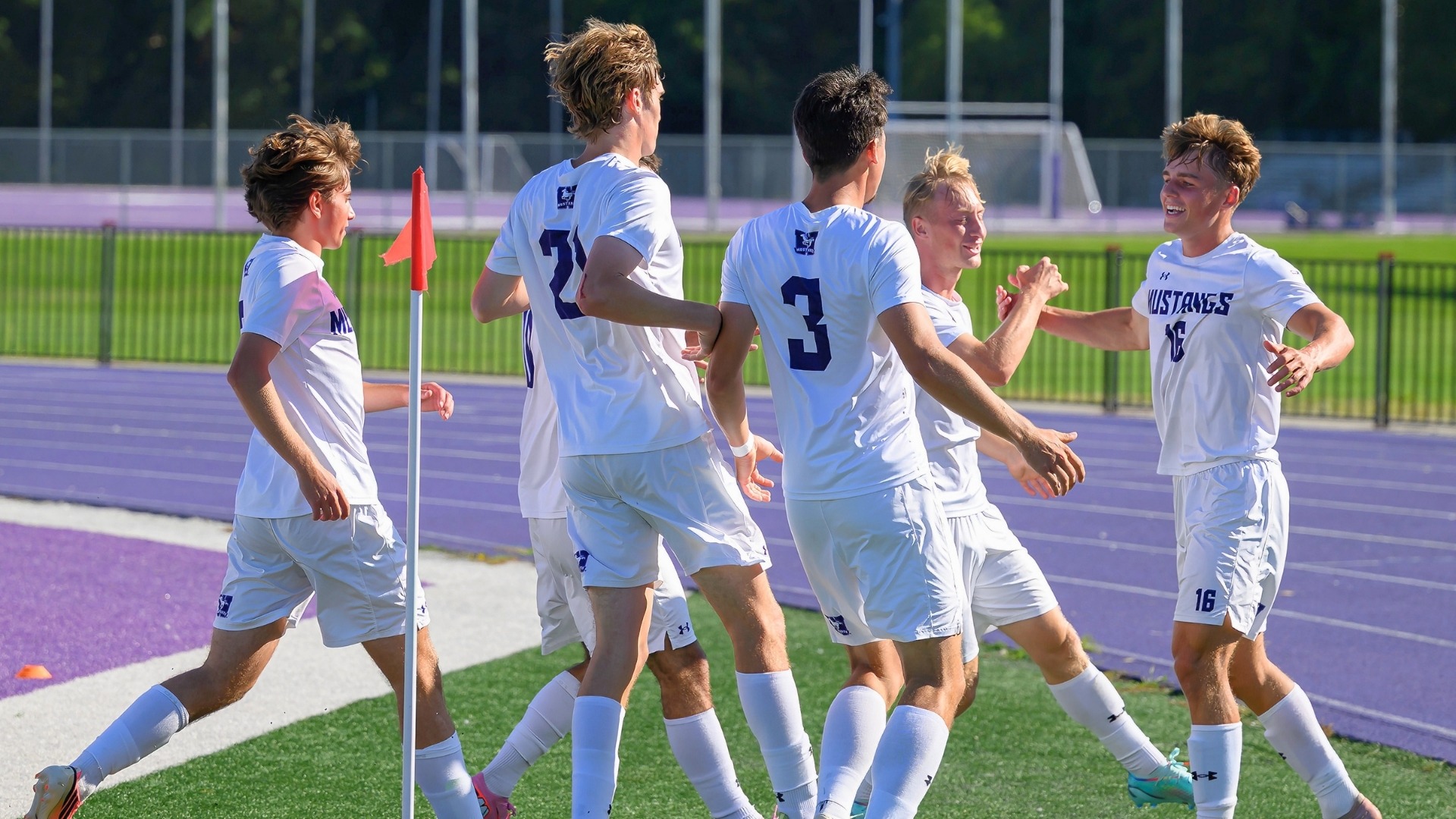 Mustangs celebrate after Gavin Goddard scores against Waterloo