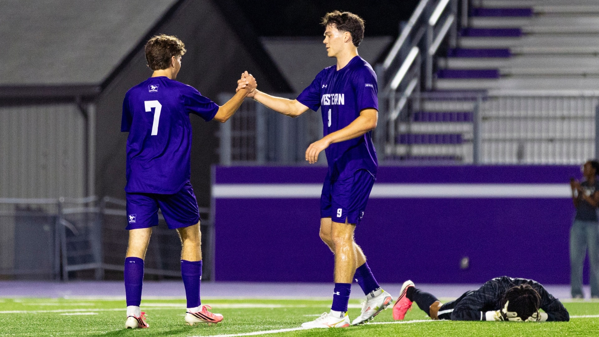 Mustangs celebrate goal against Brock - Sept 11