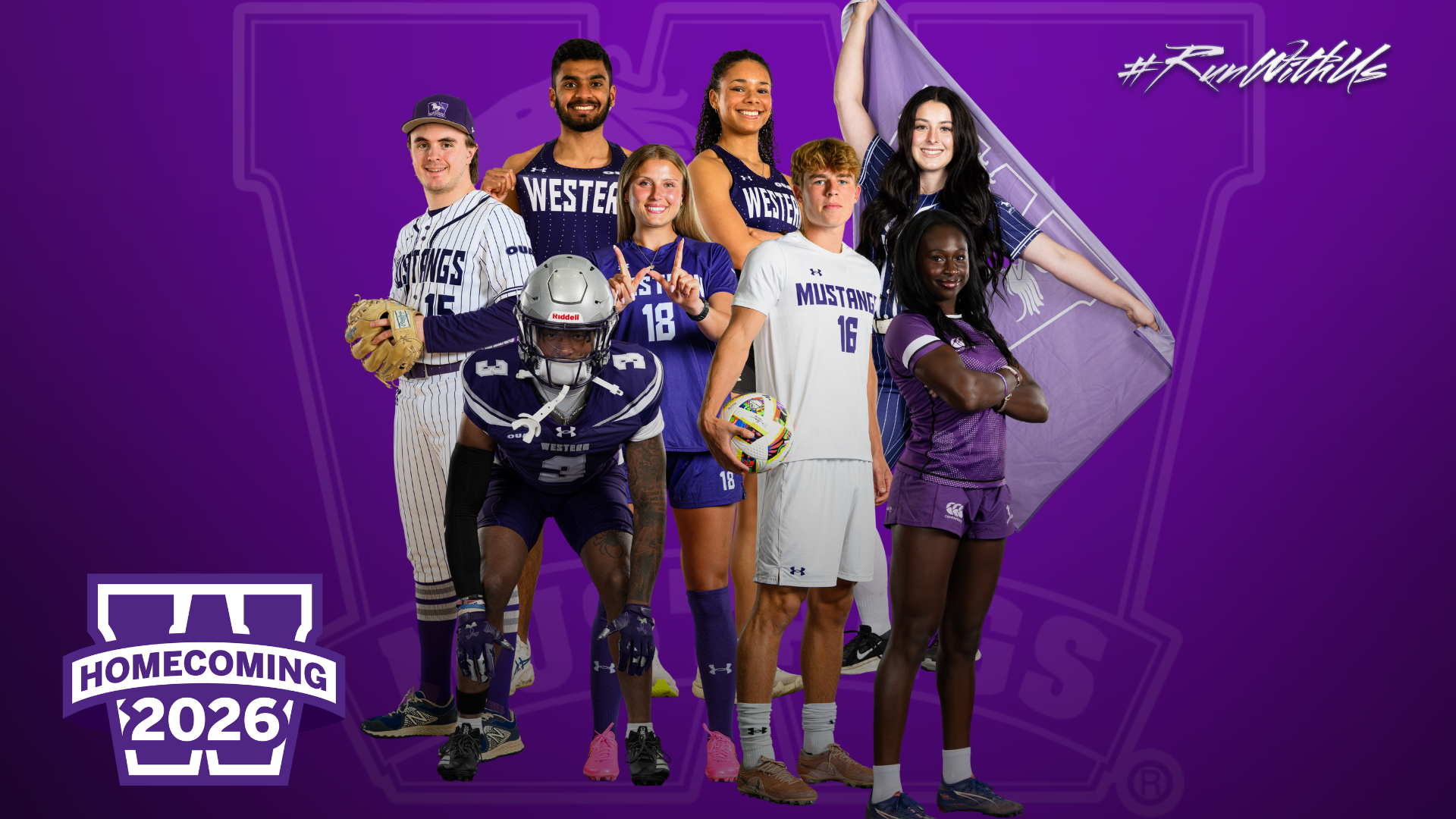 Homecoming 2026: Photos of 8 Mustangs student athletes posed in uniform. Homecoming 2026 W graphic. Purple background #RunWithUs.