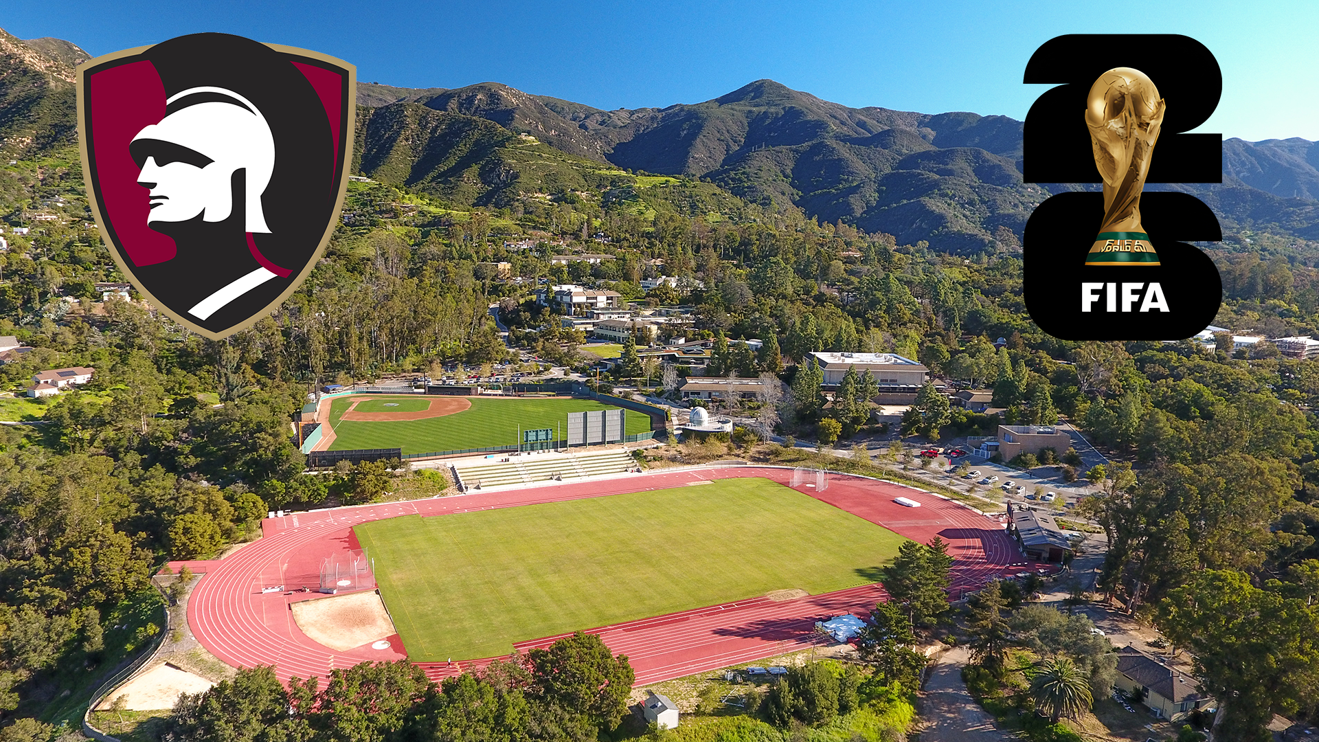 Arial photo of Westmont's Thorrington Field and Campus (Photo by Brad Elliott)