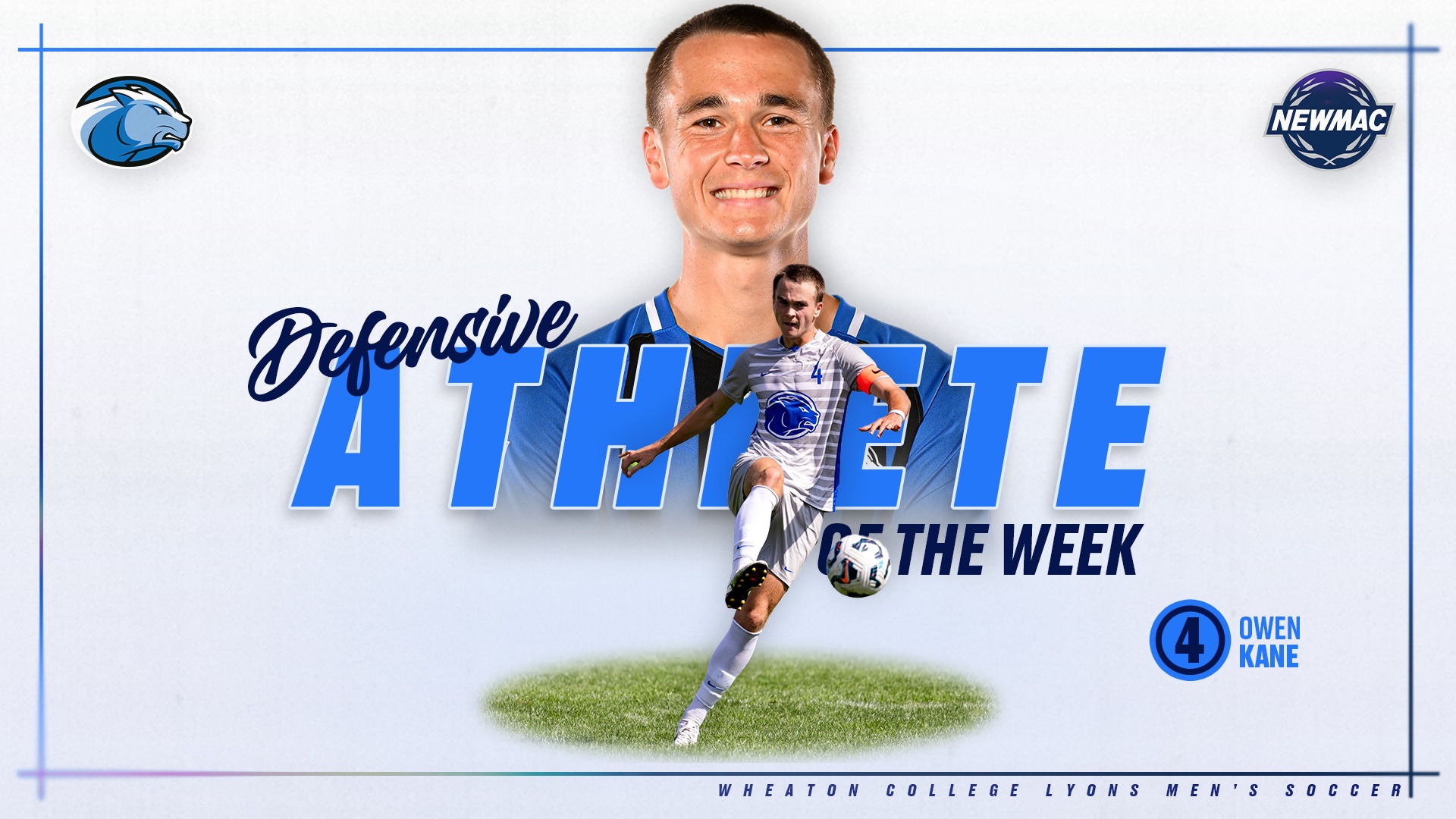 Kane, Owen NEWMAC Men's Soccer Defensive Athlete of Week graphic