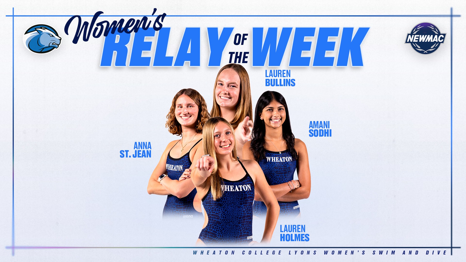 Women's Swimming St. Jean, Bullins, Sodhi, Holmes NEWMAC Relay of the Week graphic