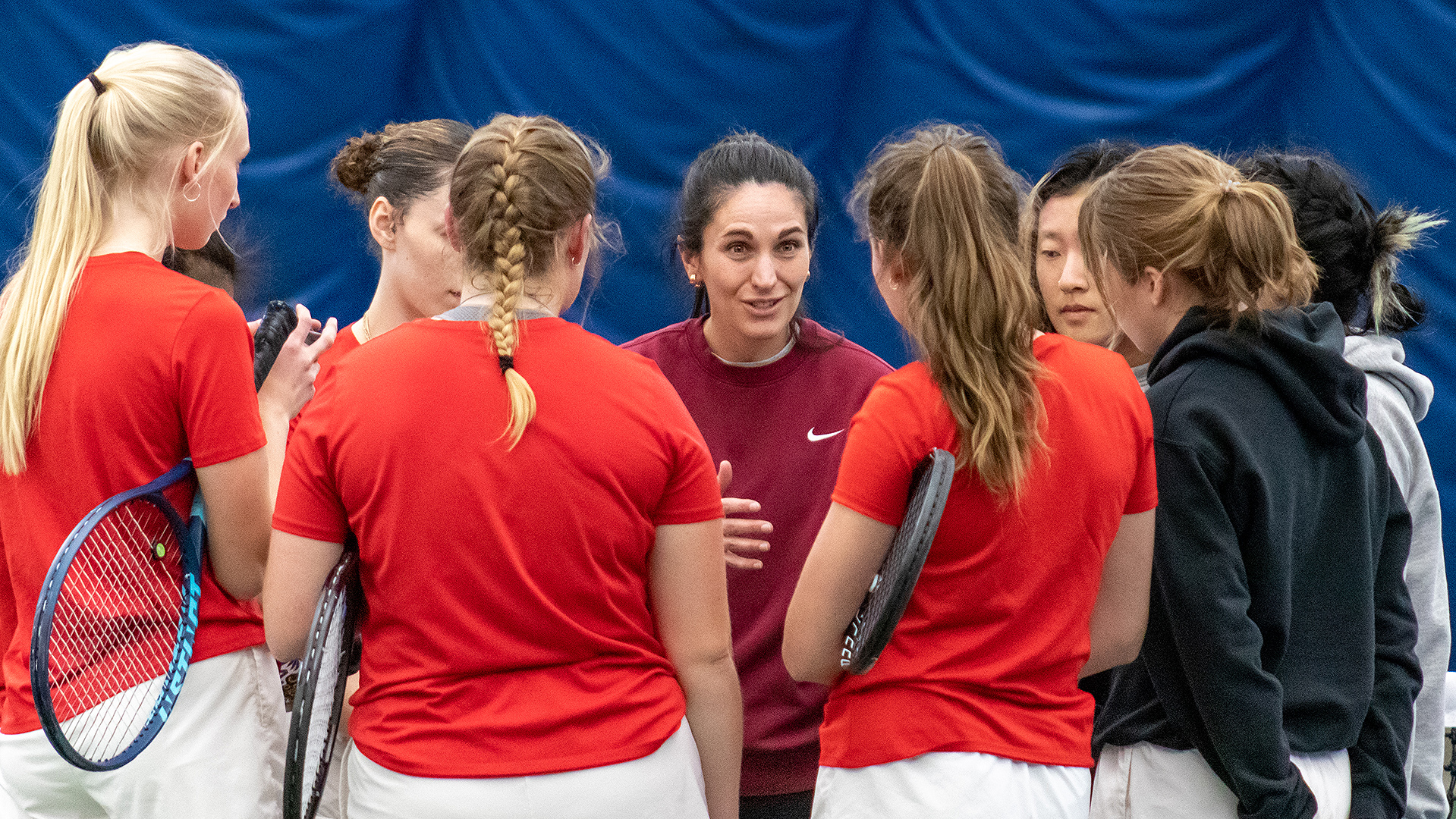 Rachel Aldridge talks to the team after an 8-1 win over Willamette