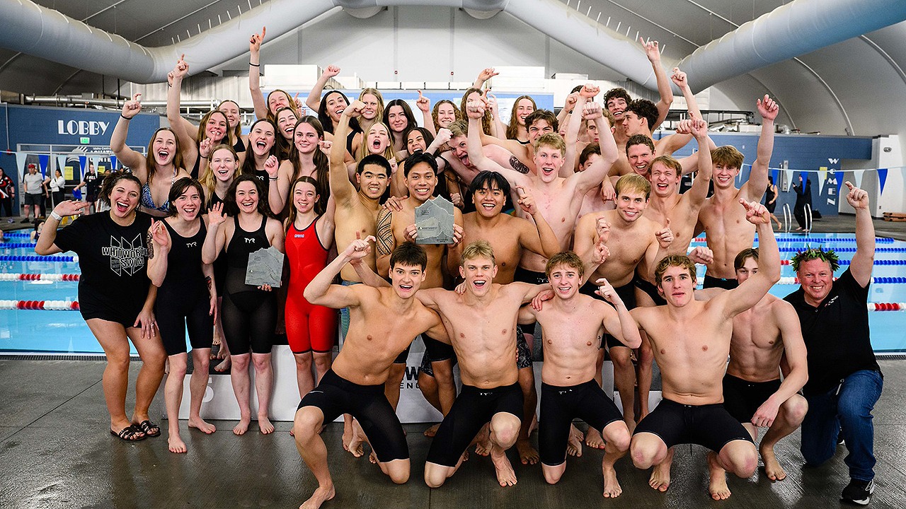 Whitworth's swimming teams show off their trophies at the NWC Championships 2026