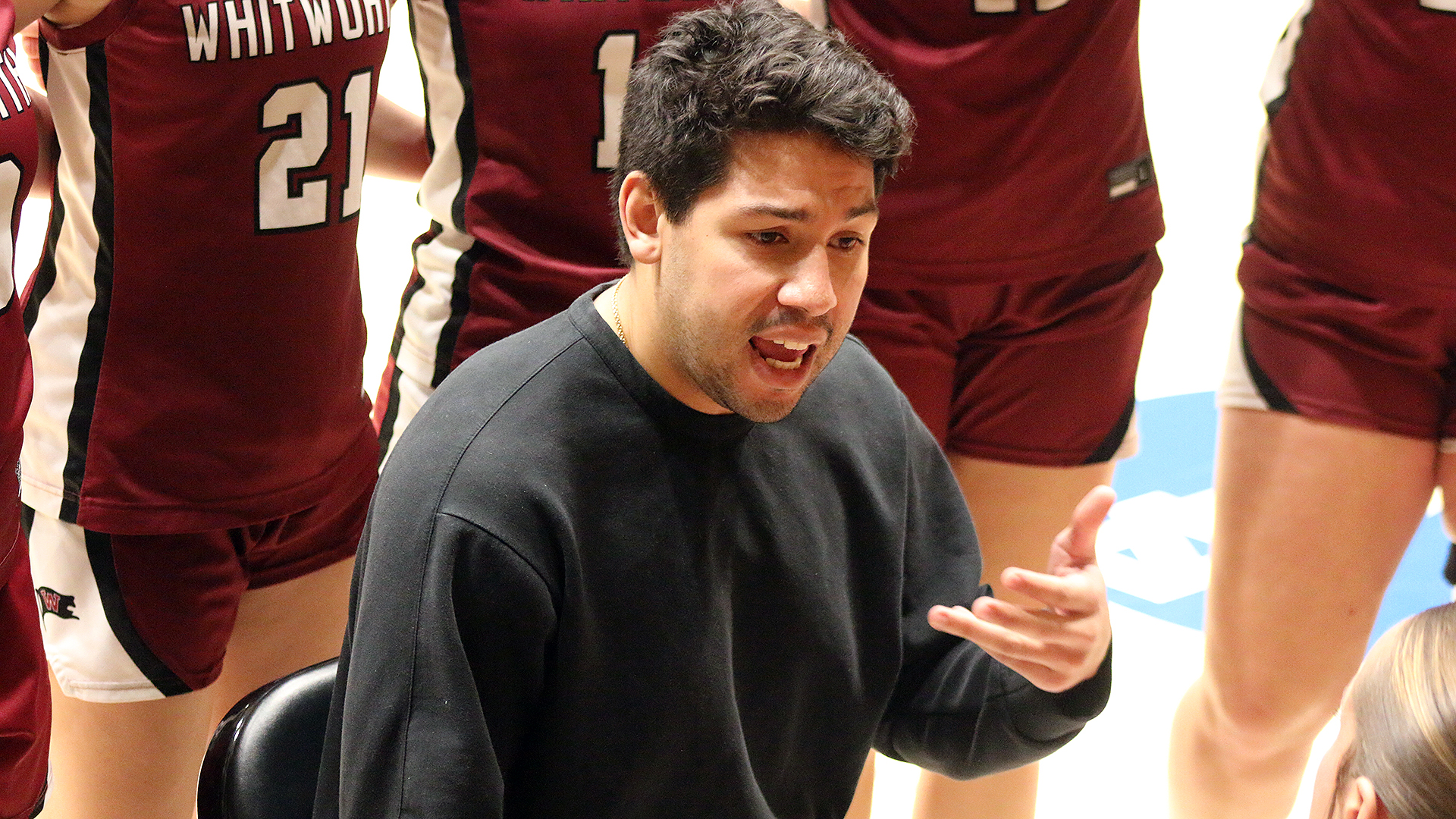 Kenny Love coaches the Pirates between the 1st and 2nd quarters at PLU 2025-26