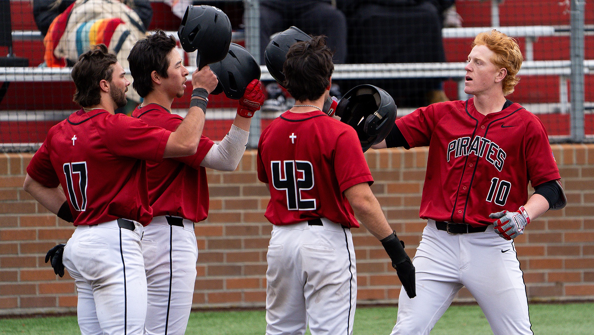 The Pirates celebrate Caleb Gray's three-run home run in the series finale vs. Pacific March 29, 2026 