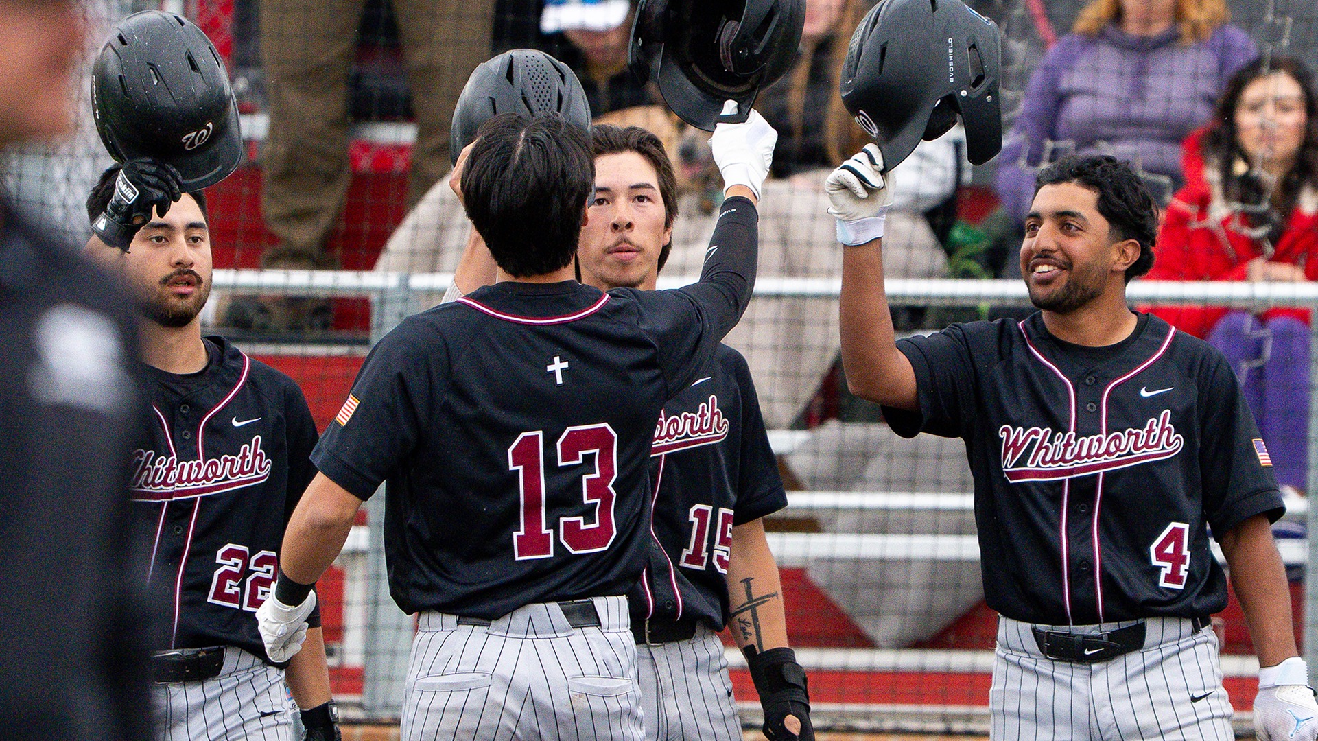 The Pirates celebrate Ty Komoda's home run in the series opener vs. Linfield 2026