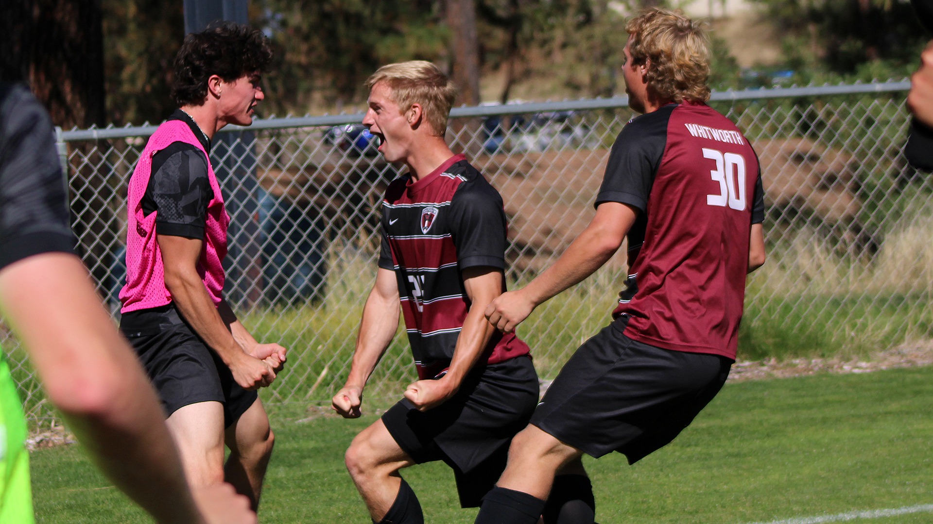 The Pirates celebrate their late goal vs. Linfield 2026