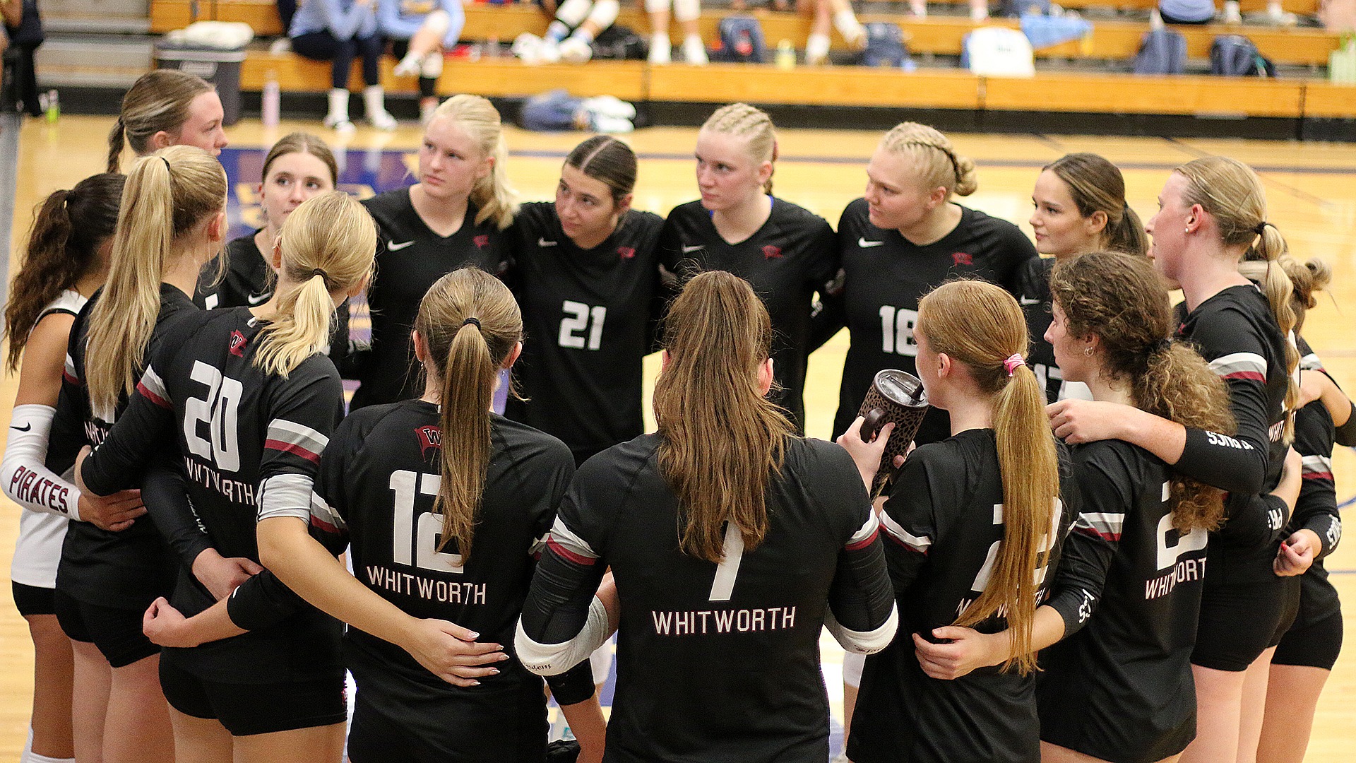 Pirates huddle between sets vs. Wis.-Stout 2026
