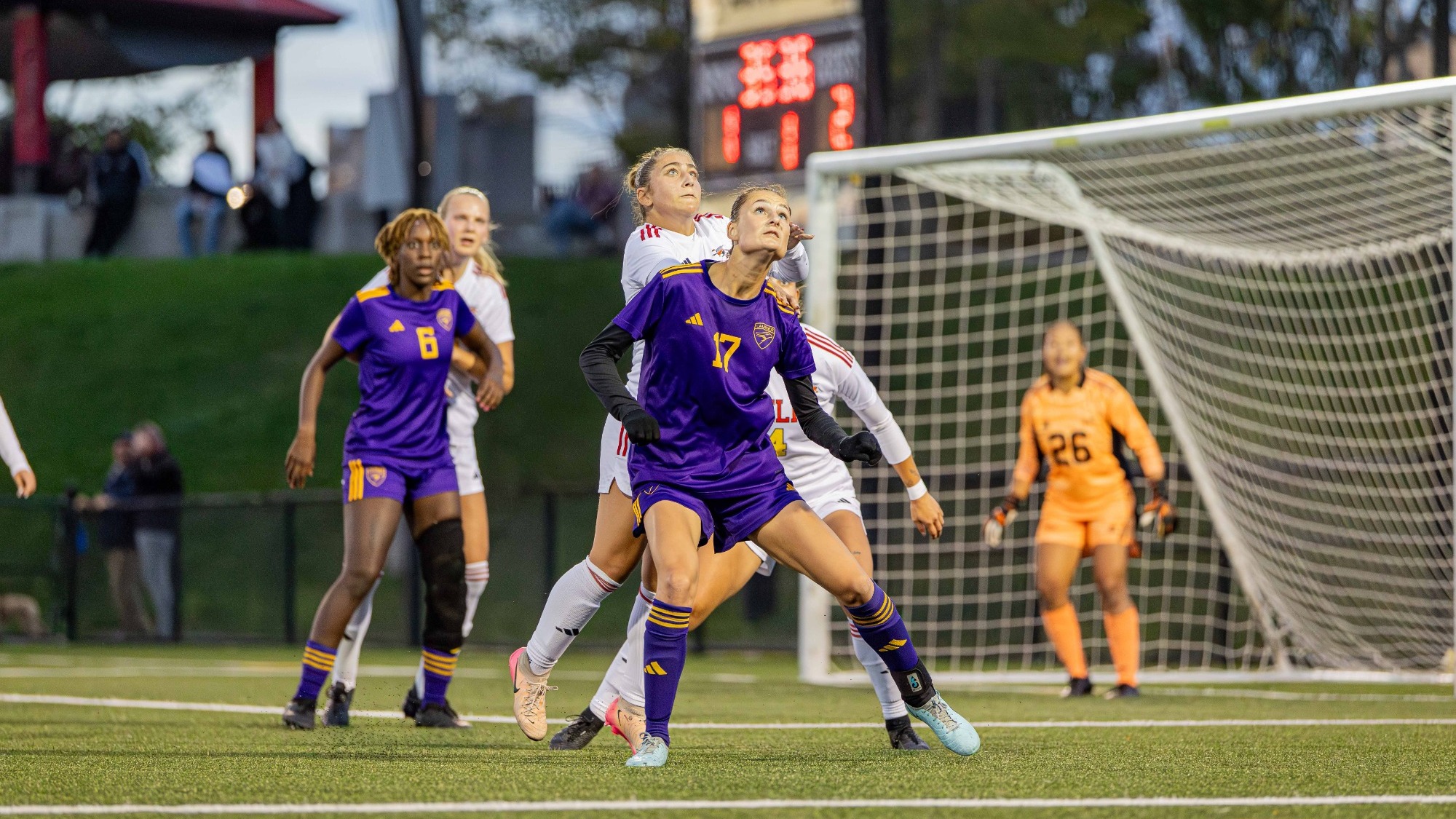 Laurier women's soccer tries for a header against Guelph