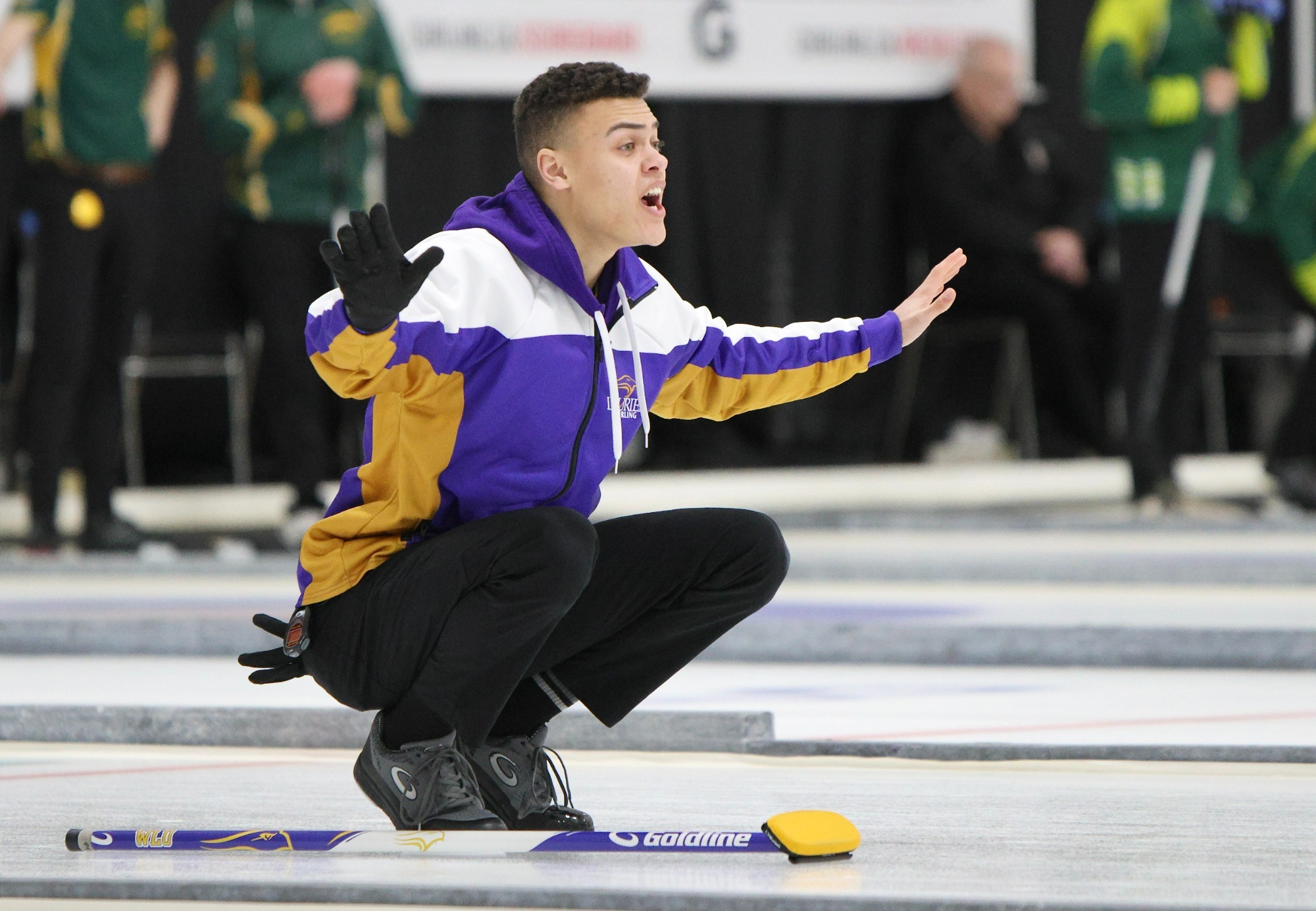 Kibo Mulima calls out to his sweepers at the U SPORTS/Curling Canada University Championships
