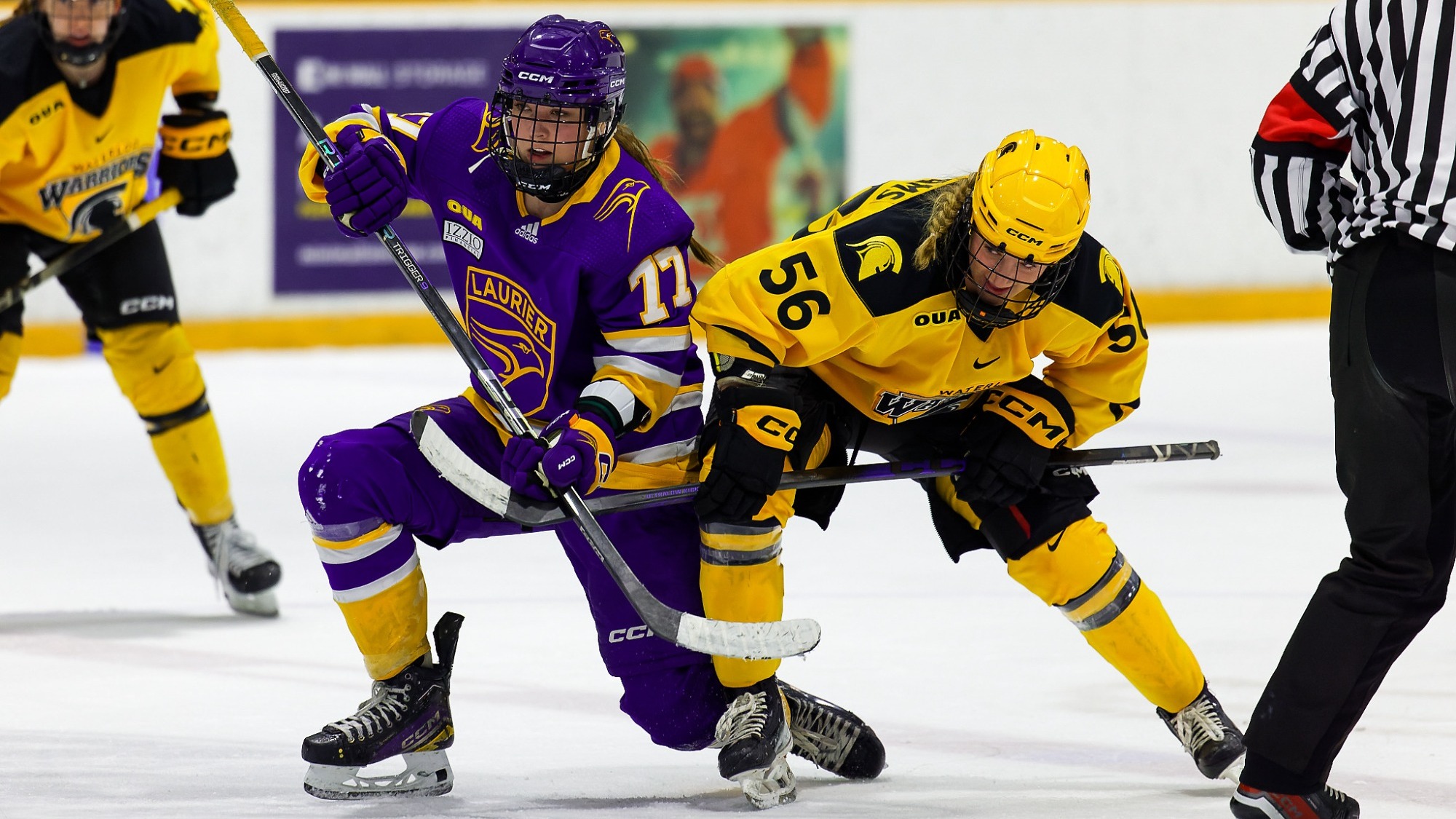 Clara Chisholm gets tied up with a Waterloo women's hockey player