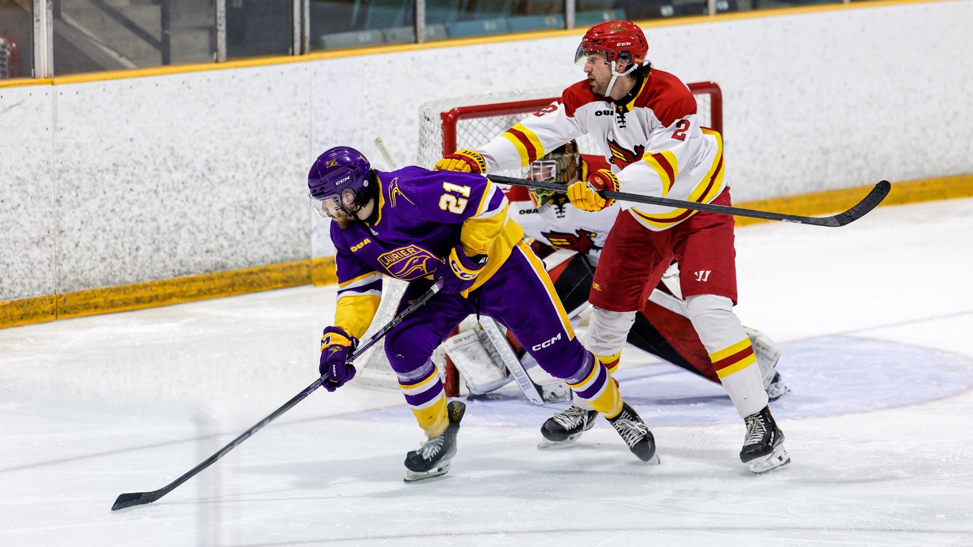 A Laurier men's hockey forward gets cross-checked in front of the Guelph net