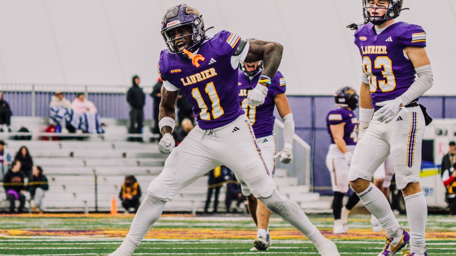 Jesulayomi Ojutalayo celebrates a catch against Guelph.