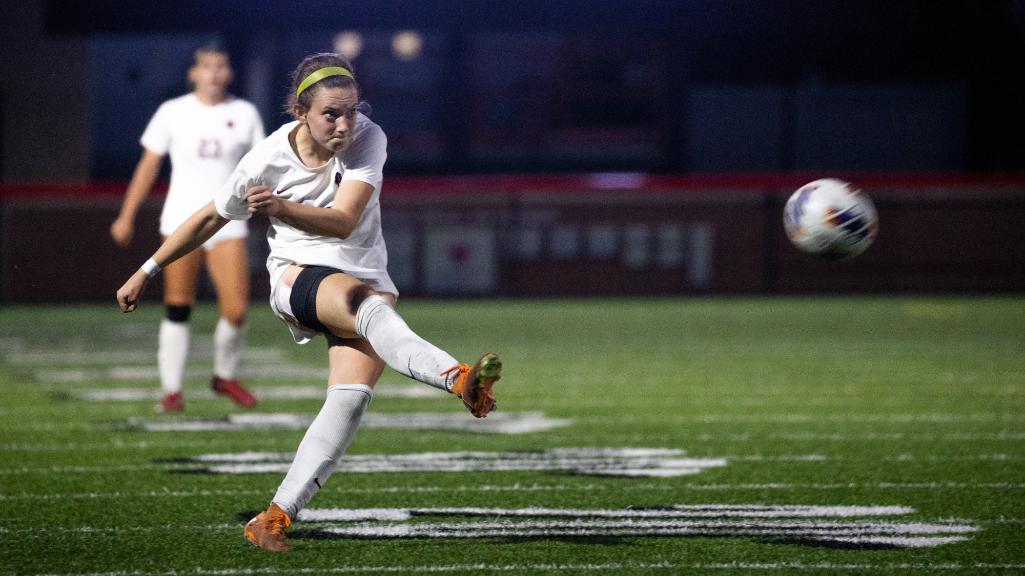Jaylee Reynolds shoots a deep shot for a goal to tie the game 1-1 versus SPU.