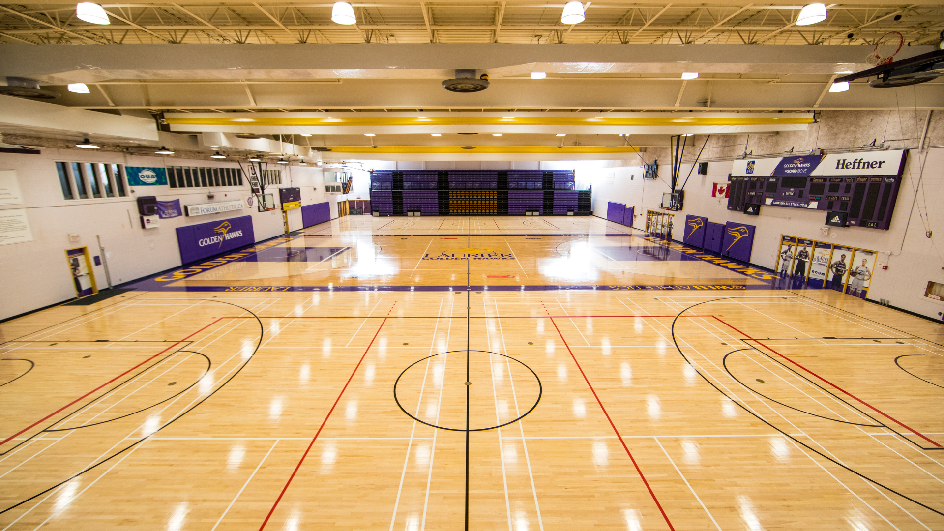 Laurier Athletics and Recreation's three court gymnasium from above.