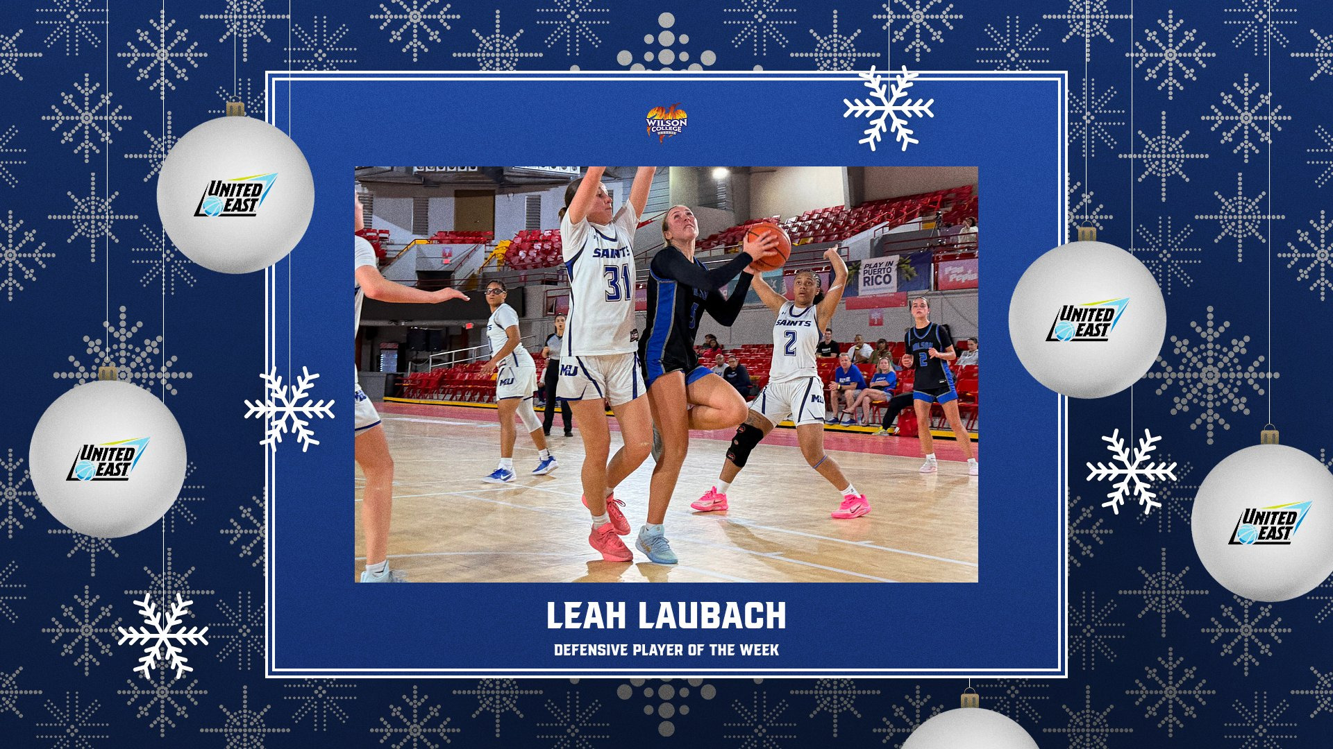 Leah Laubach shoots a layup against a Marymount defender, named Player of the Week