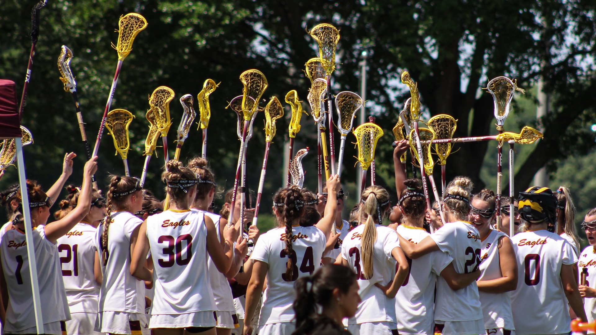 Lacrosse Team holding up their sticks in a huddle
