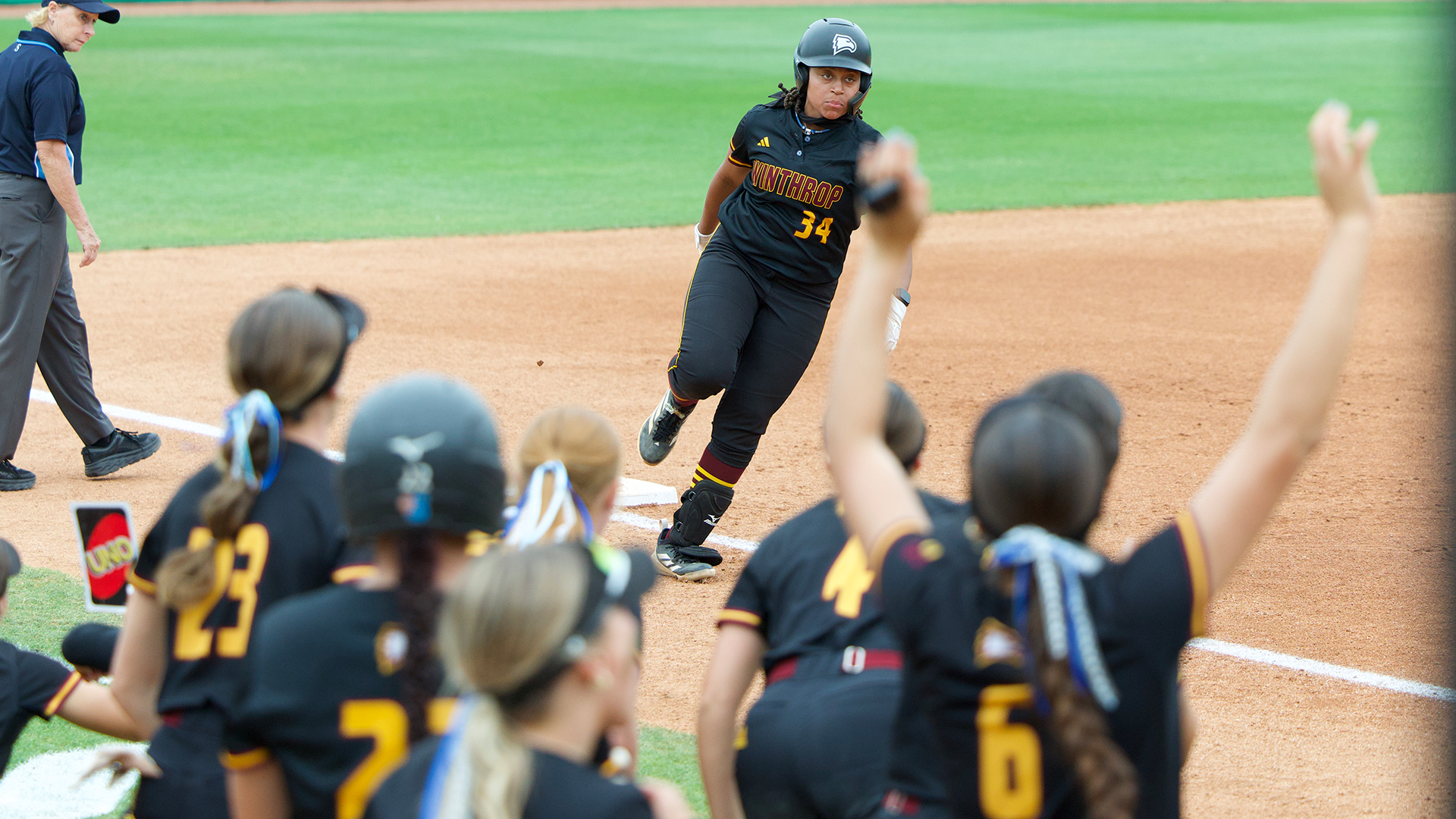 Tia Beckham Rounding Third Base After Home Run With Teammates Celebrating