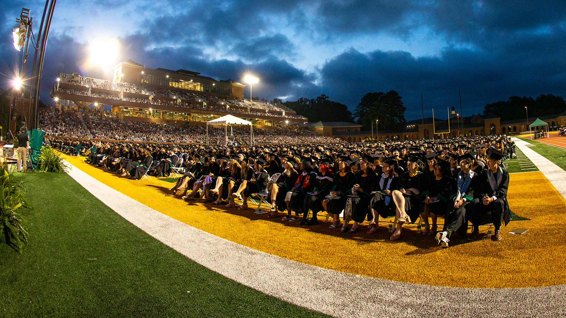 Field view of W&M graduates and Zable Stadium at Commencement 2023. 