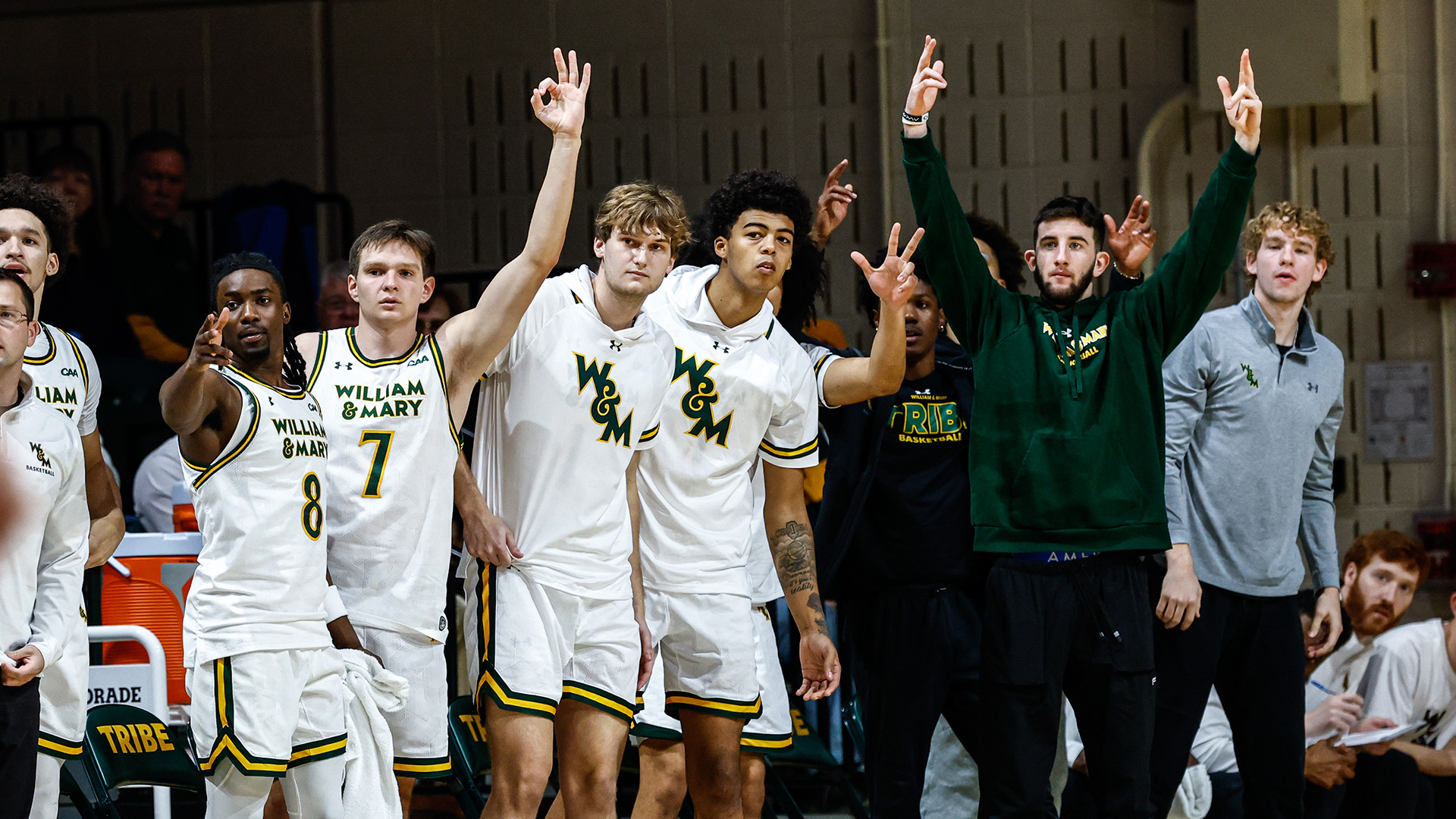 The Tribe bench celebrates a big play during the team's home wins over Old Dominion on Nov. 30. 