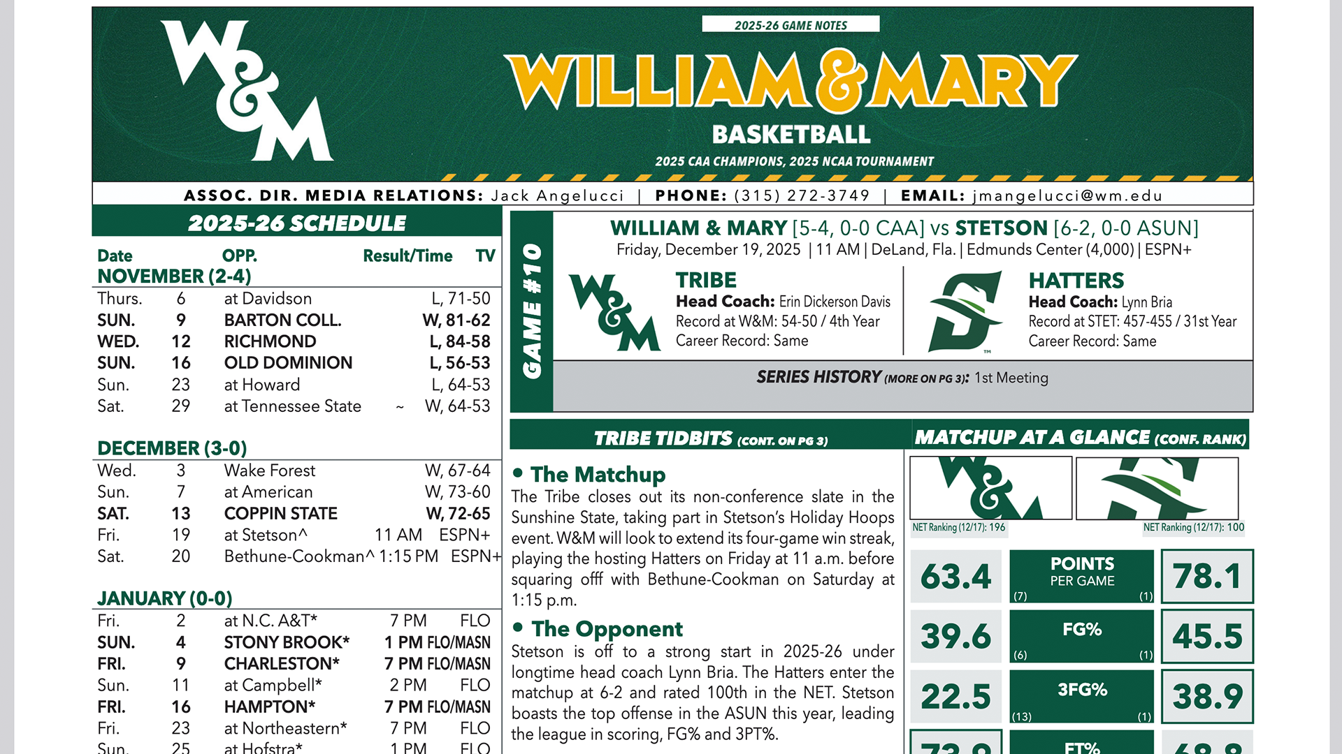 WBB Game Notes at Stetson