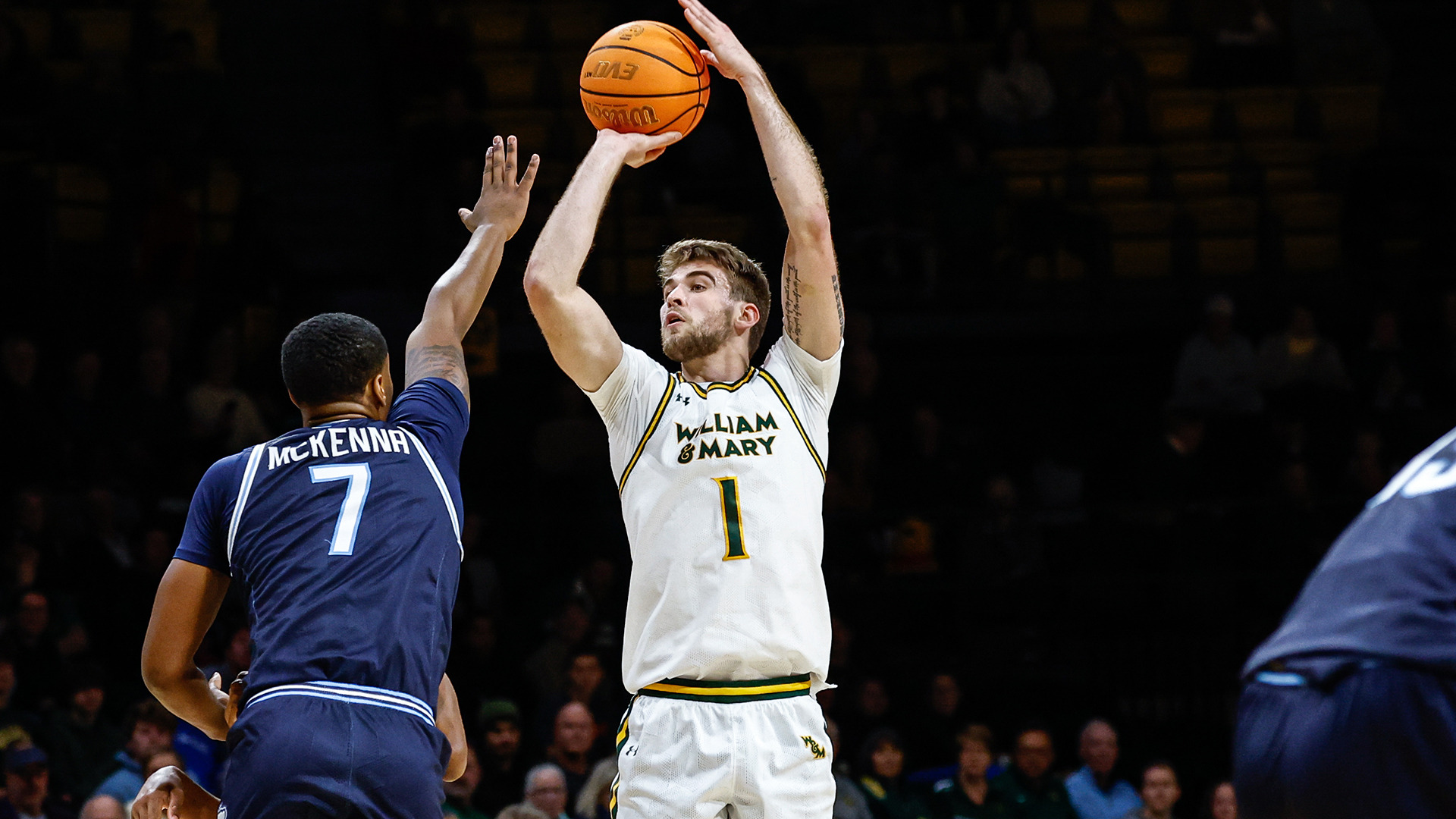 Cade Haskins elevates for a 3-pointer over an Old Dominion defender in the Tribe's victory over the Monarchs. 