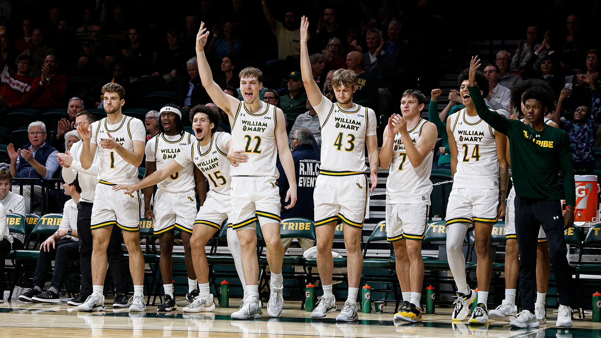 The Tribe bench celebrates a big play in the win over Radford on Dec. 18, 2025. 