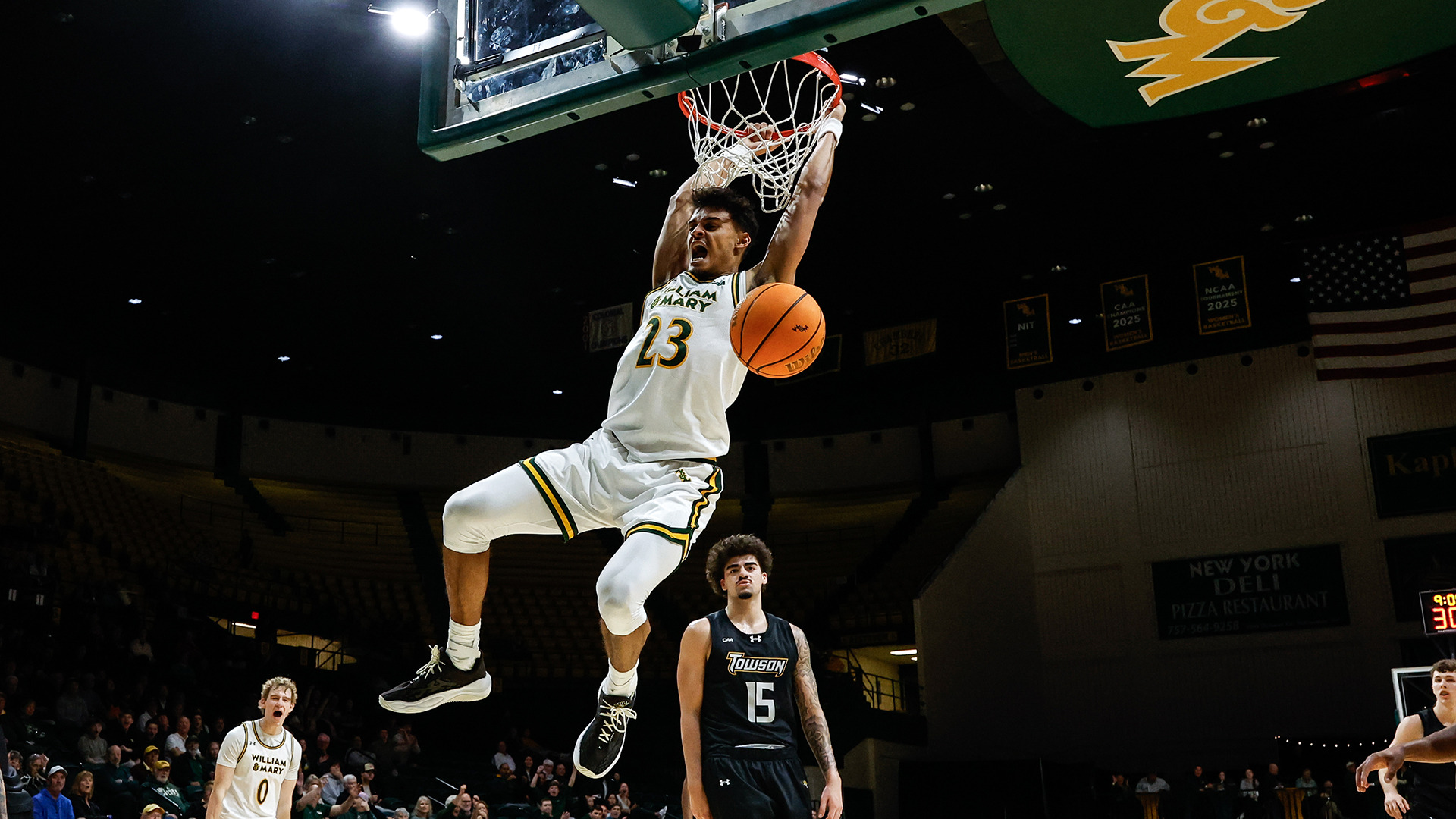 Jo'el Emanuel rocks the rim with a second-half dunk in the Tribe's 84-70 CAA-opening win over Towson on Dec. 29, 2025. 