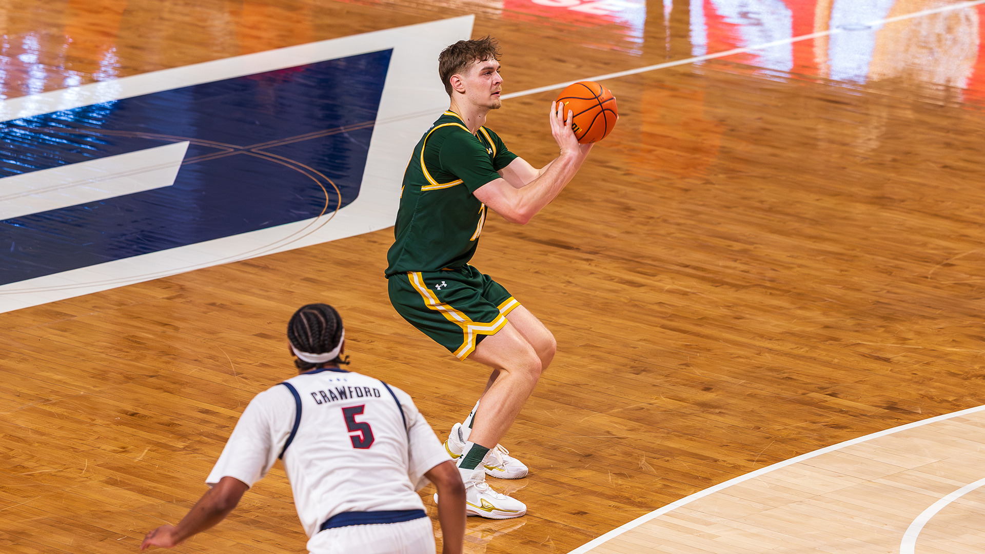 Kilian Brockhoff lines up a 3-pointer from the top of the key in the Tribe's win at Duquesne. 