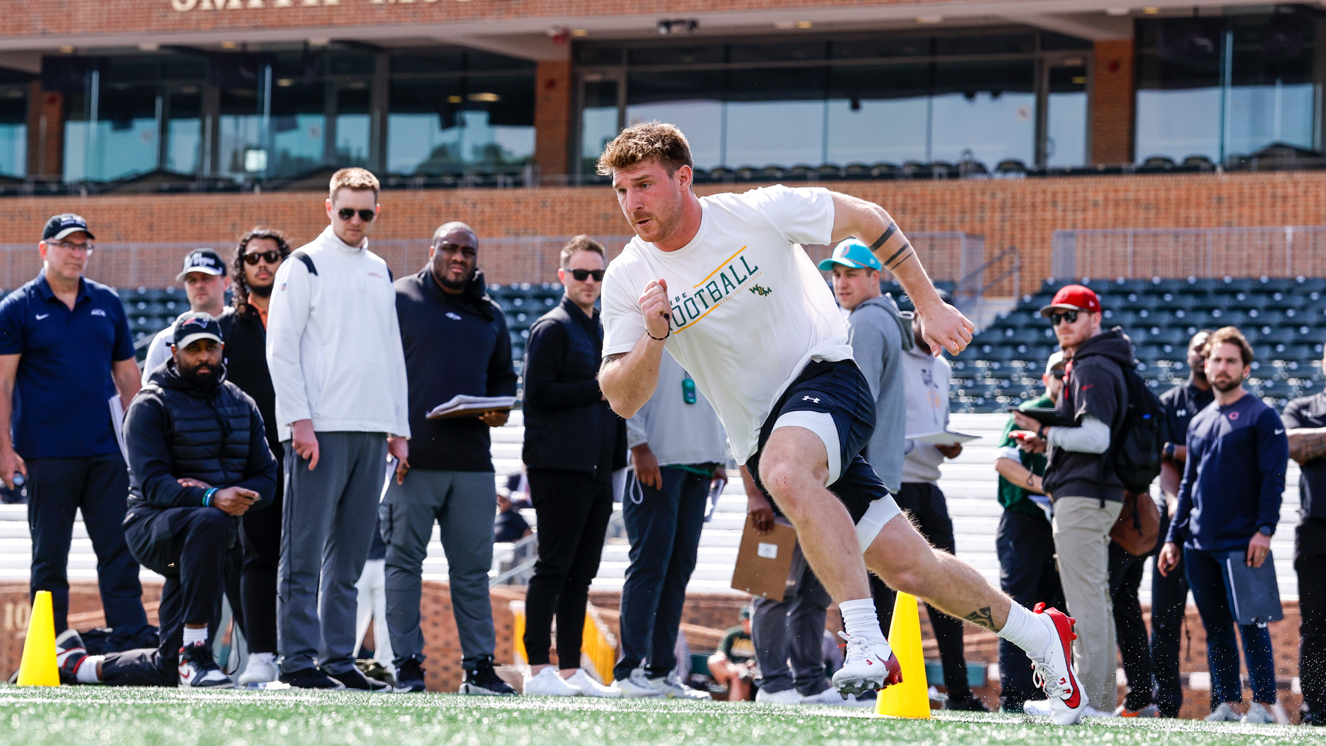 Bronson Yoder completes a drill during W&M Football's Pro Day at Zable Stadium