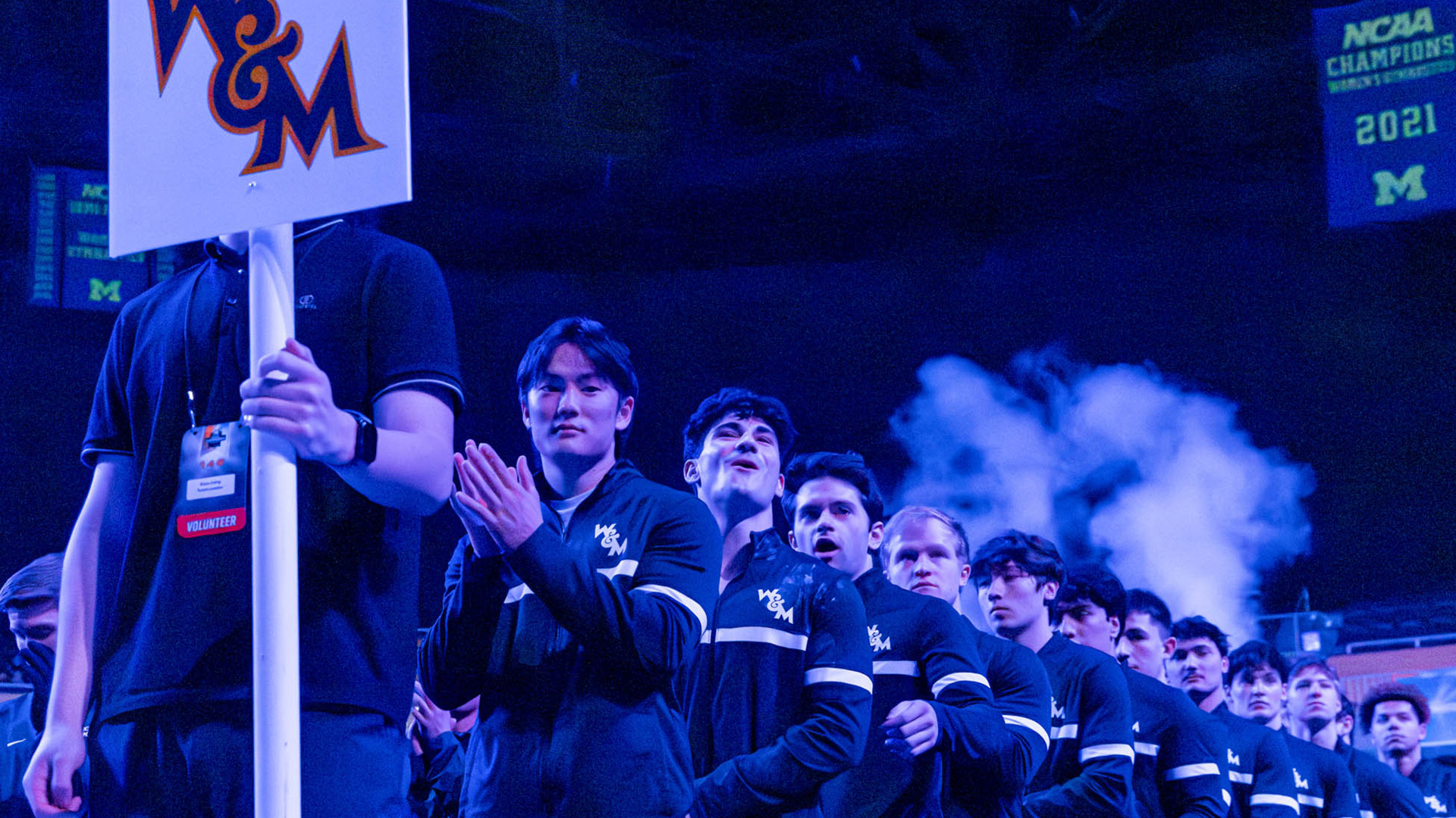 W&M men's gymnastics team stands in a line during introductions at the NCAA Championships