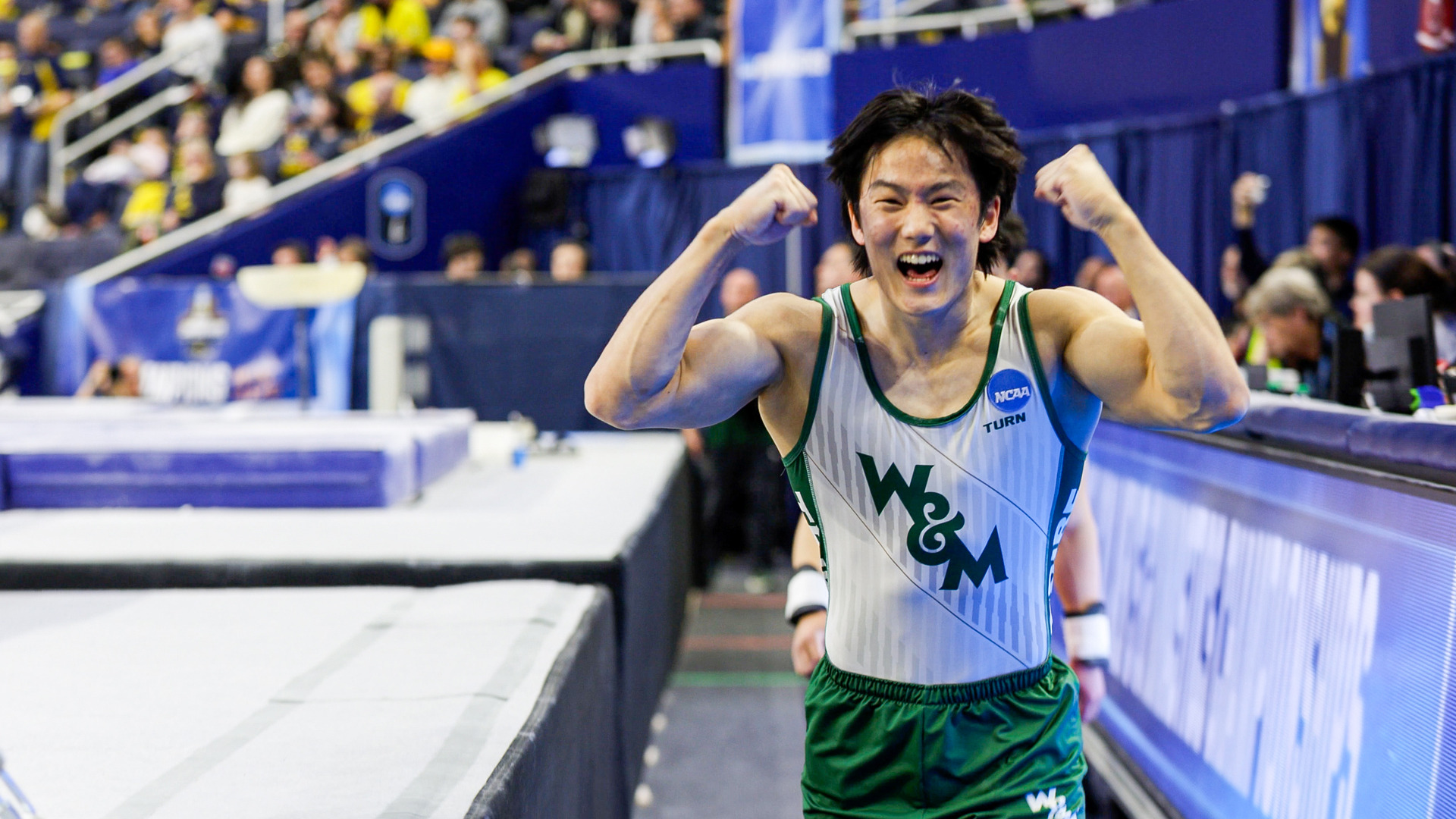 Sam Lee celebrates a successful routine at the 2025 NCAA Championships