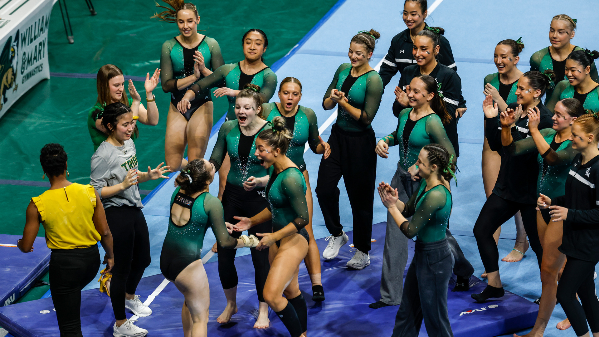 Members of the William & Mary women's gymnastics team celebrate during a home meet at Kaplan Arena