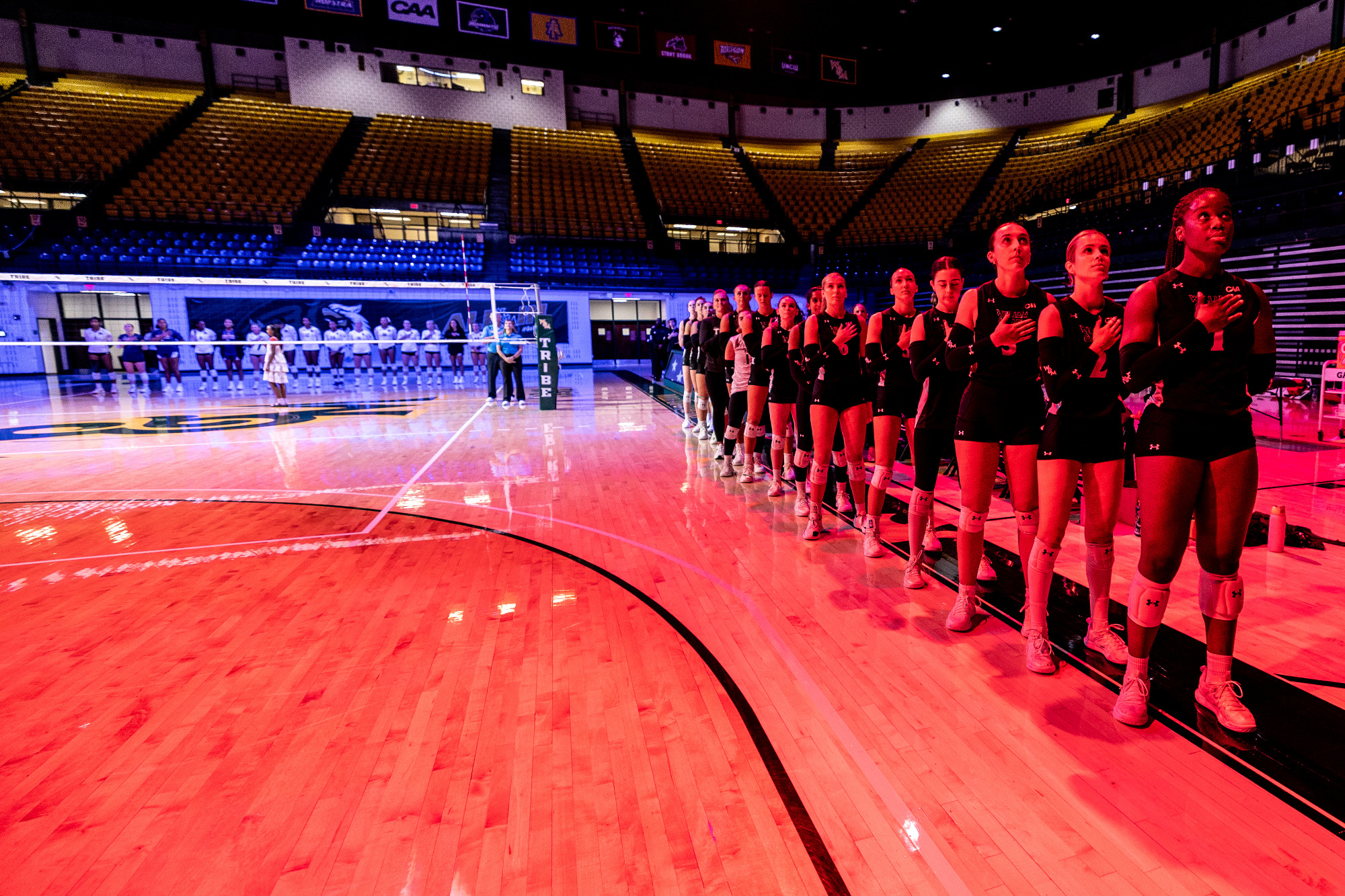 East Carolina (7-0) defeated William & Mary (3-3) in four sets at Kaplan Arena on Friday night, winning 22-25, 26-24, 25-20, 25-12.