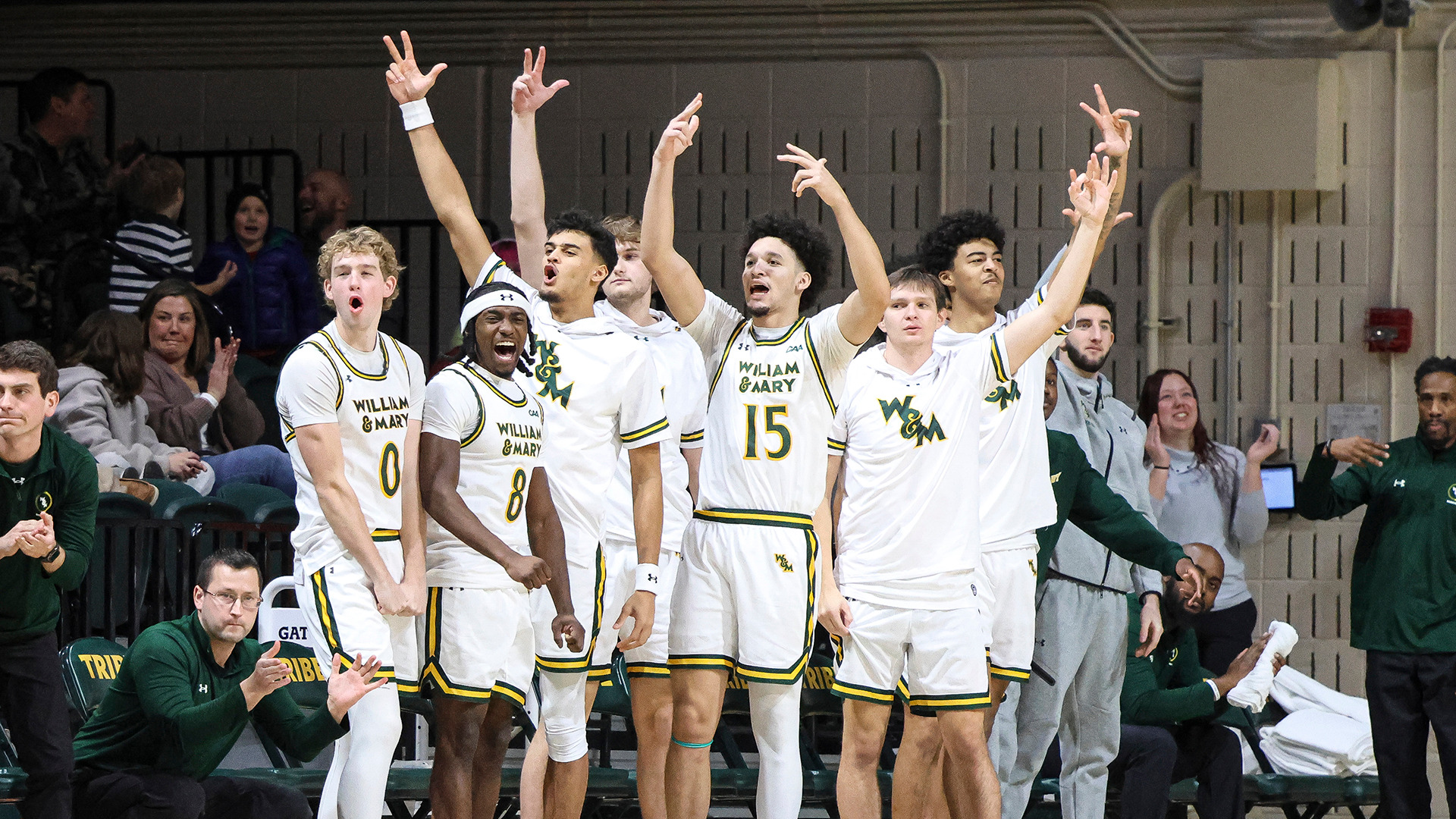 The Tribe bench celebrates a big play in the win over Stony Brook on Dec. 31, 2025. 