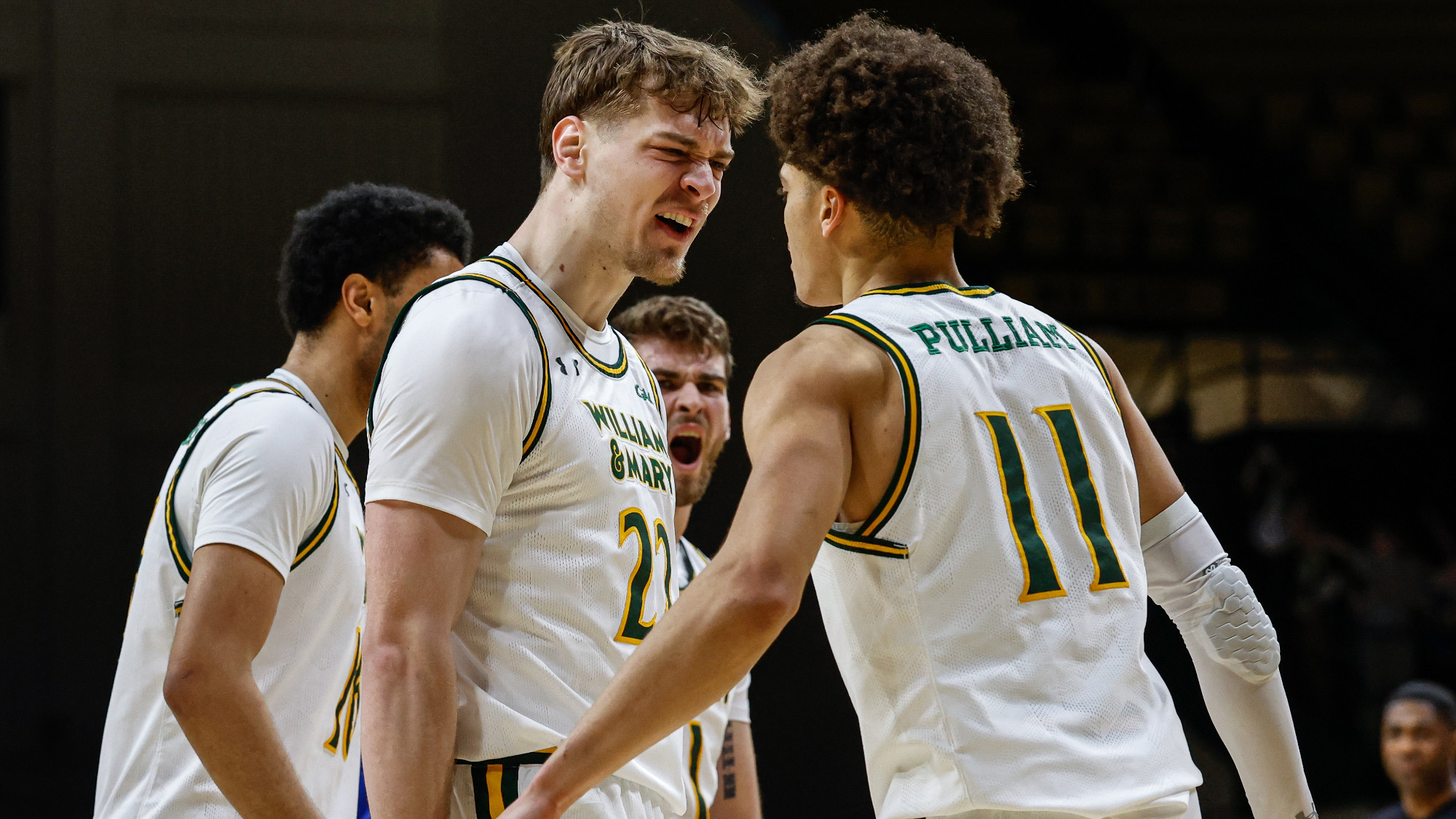 Kilian Brockhoff and Kyle Pulliam come together to celebrate going into a timeout during the Tribe's hot start to the second half of its win over Hofstra on Jan. 24, 2026. 