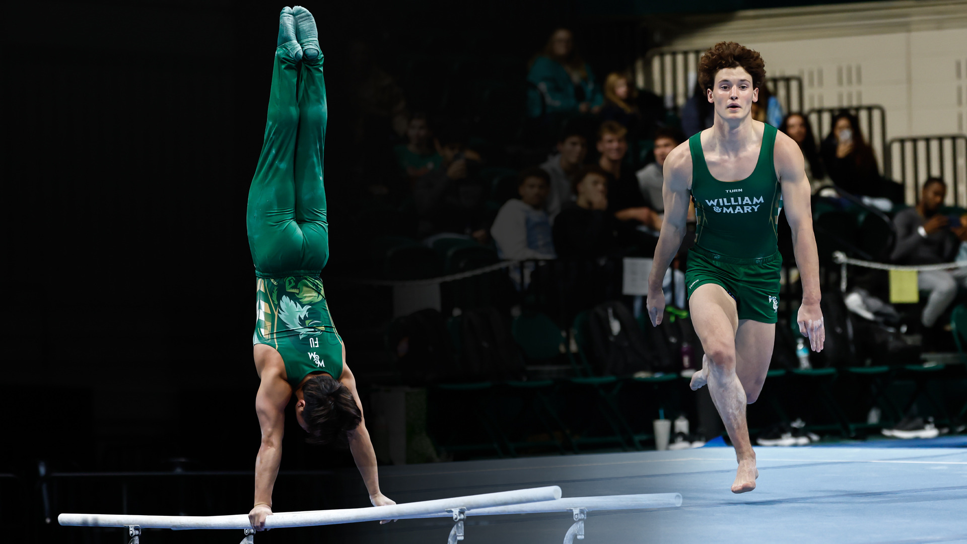 Mark Fu competes on parallel bars and Luke Tully competes on floor during a meet at Kaplan Arena.