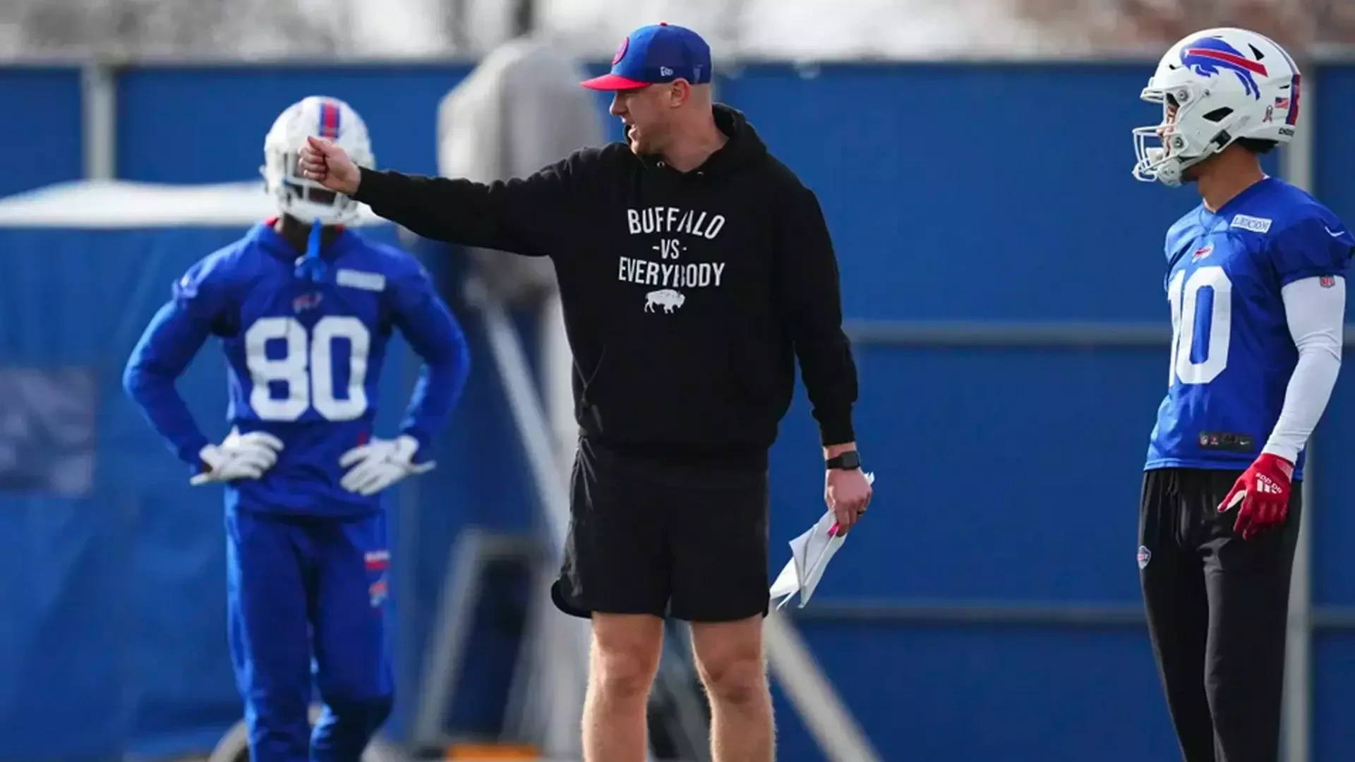 Former W&M football wide receiver Joe Brady coaching at a Buffalo Bills practice