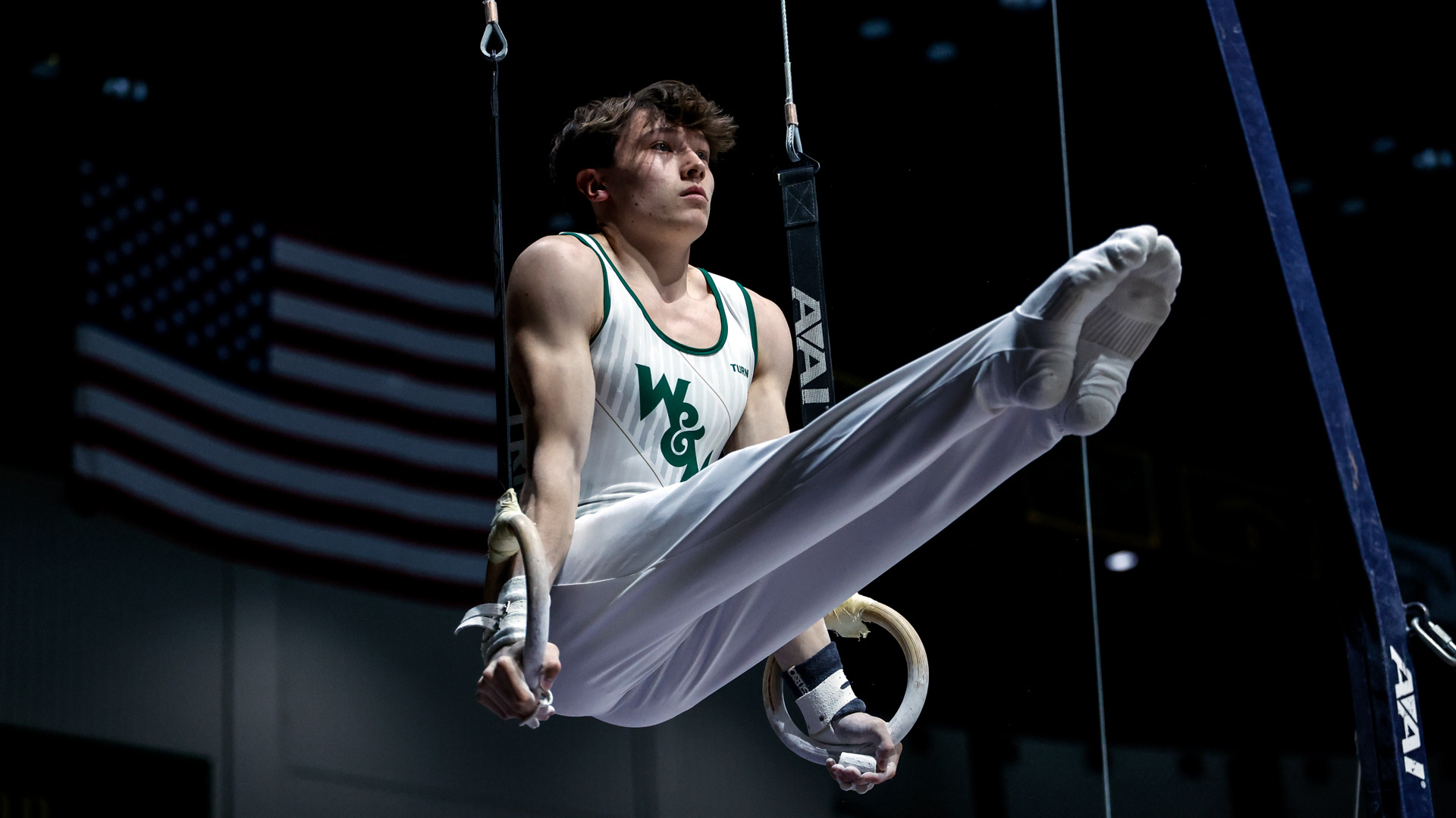 Gavin Zborowski competes on rings at Kaplan Arena