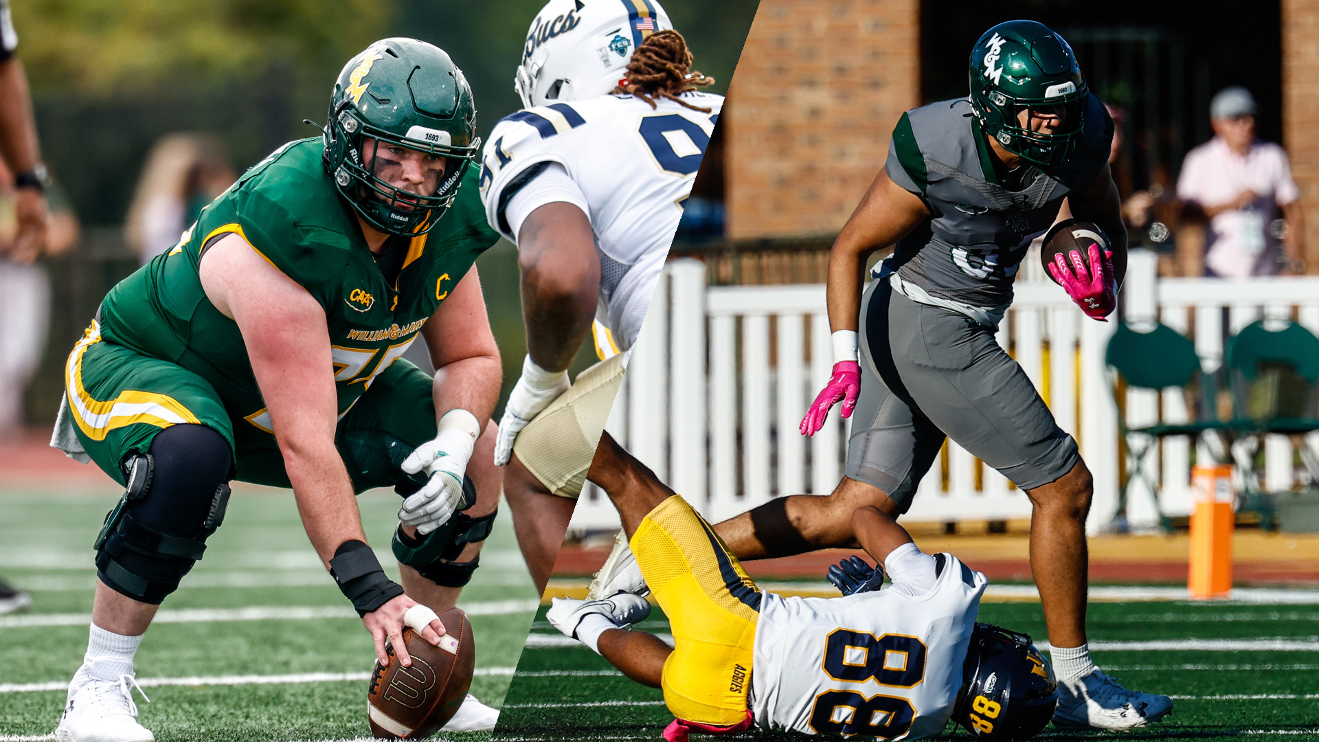 Action photos of William & Mary football players Ryan McKenna (snapping a football) and Trey McDonald (running with the ball) duirng a game against NC A&T at Zable Stadium.