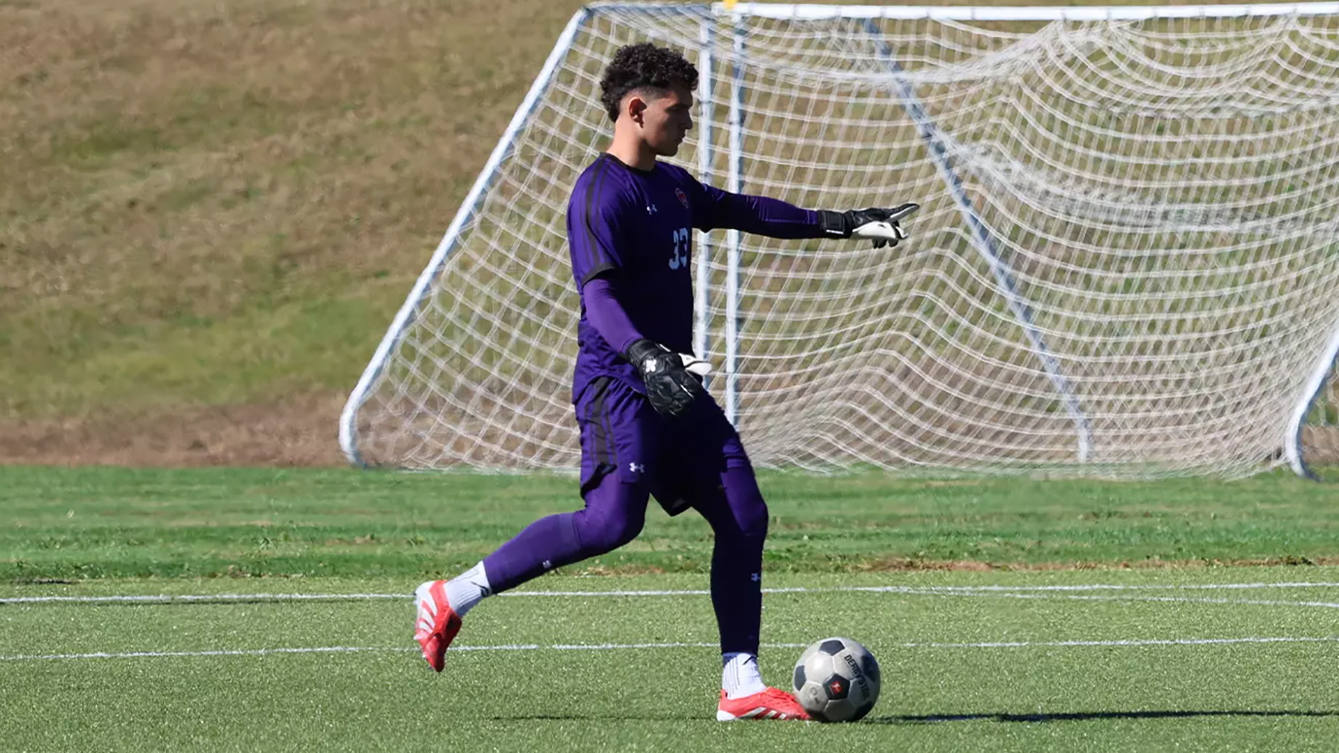 Diego Garciarena passed the ball out of the penalty area during a game in 2025 at Saint Francis (Pa.). 