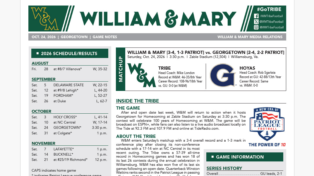W&M Football vs. Georgetown game notes header