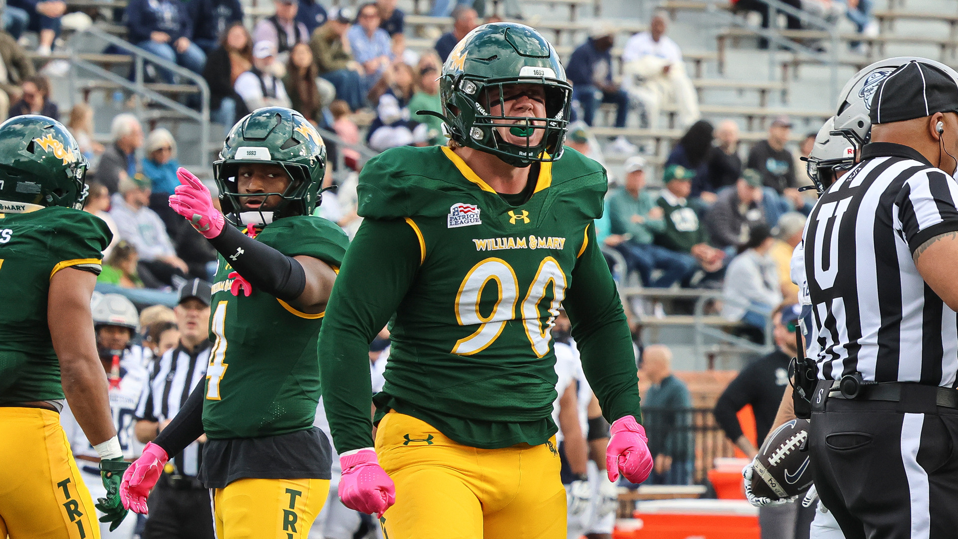 Lucas Allen celebrates during a football game at Zable Stadium